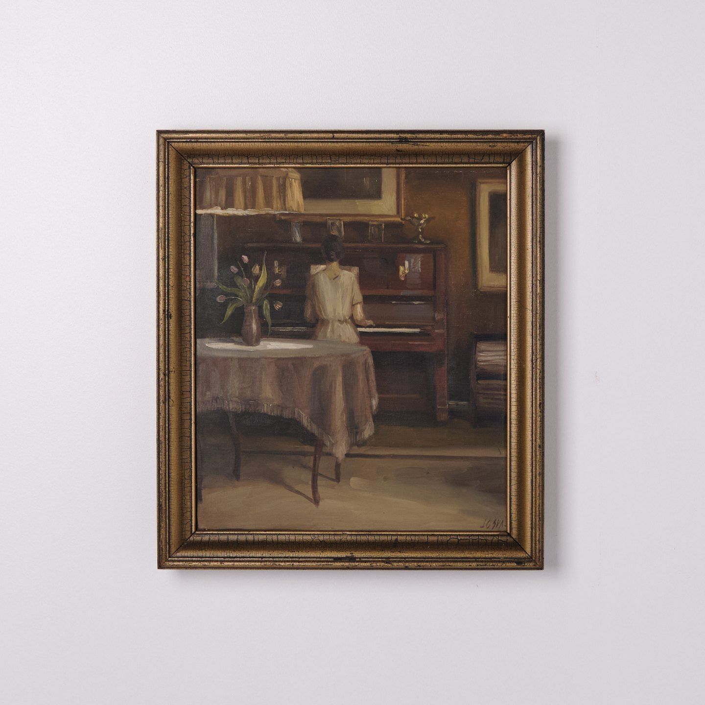 Interior Painting “Lady At The Piano” In Gilt Frame From The 1930s