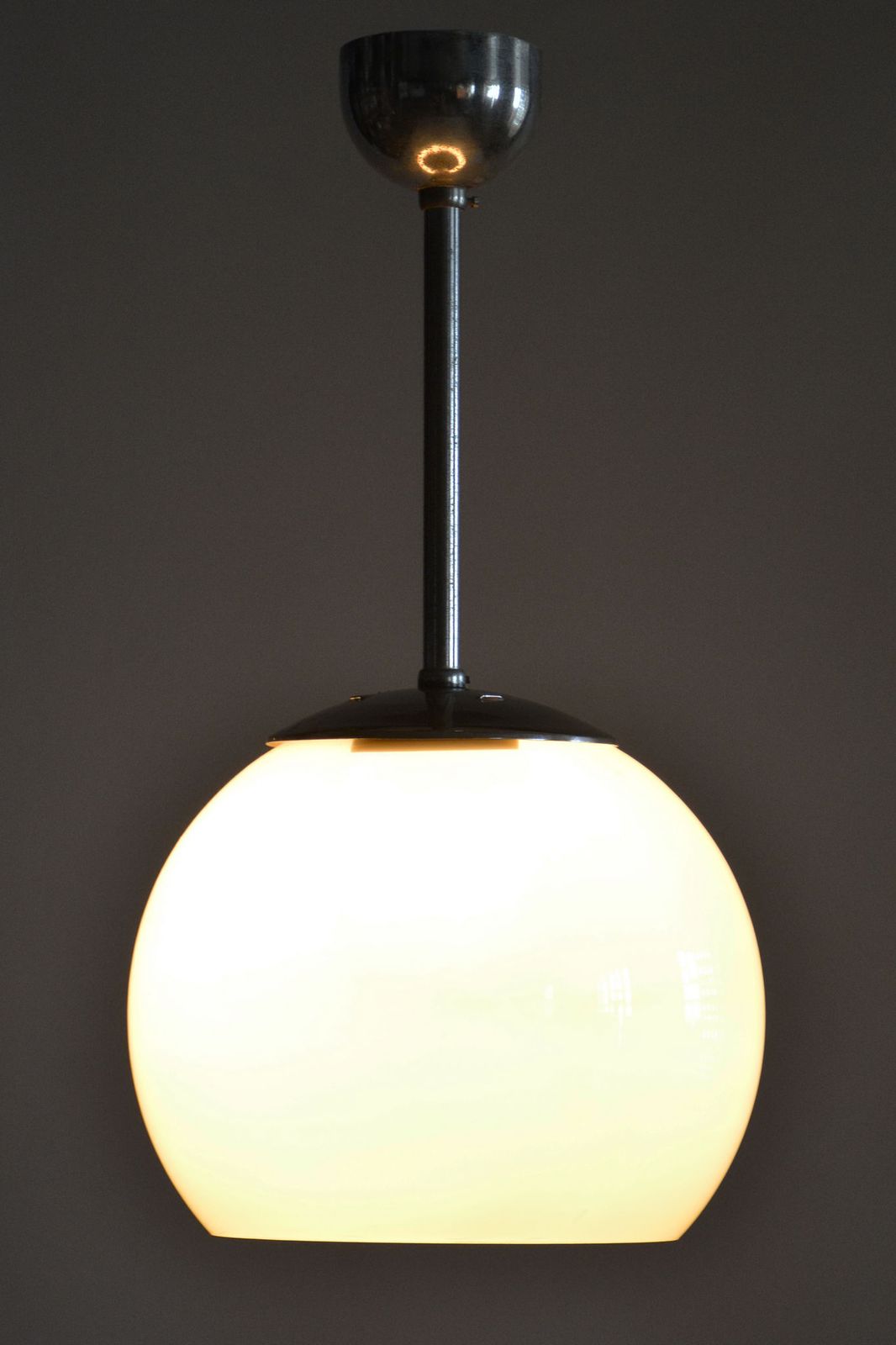 Restored Bauhaus Chandelier, Chrome Plated Steel, Opaline Glass, Czech, 1930s photo vinterior