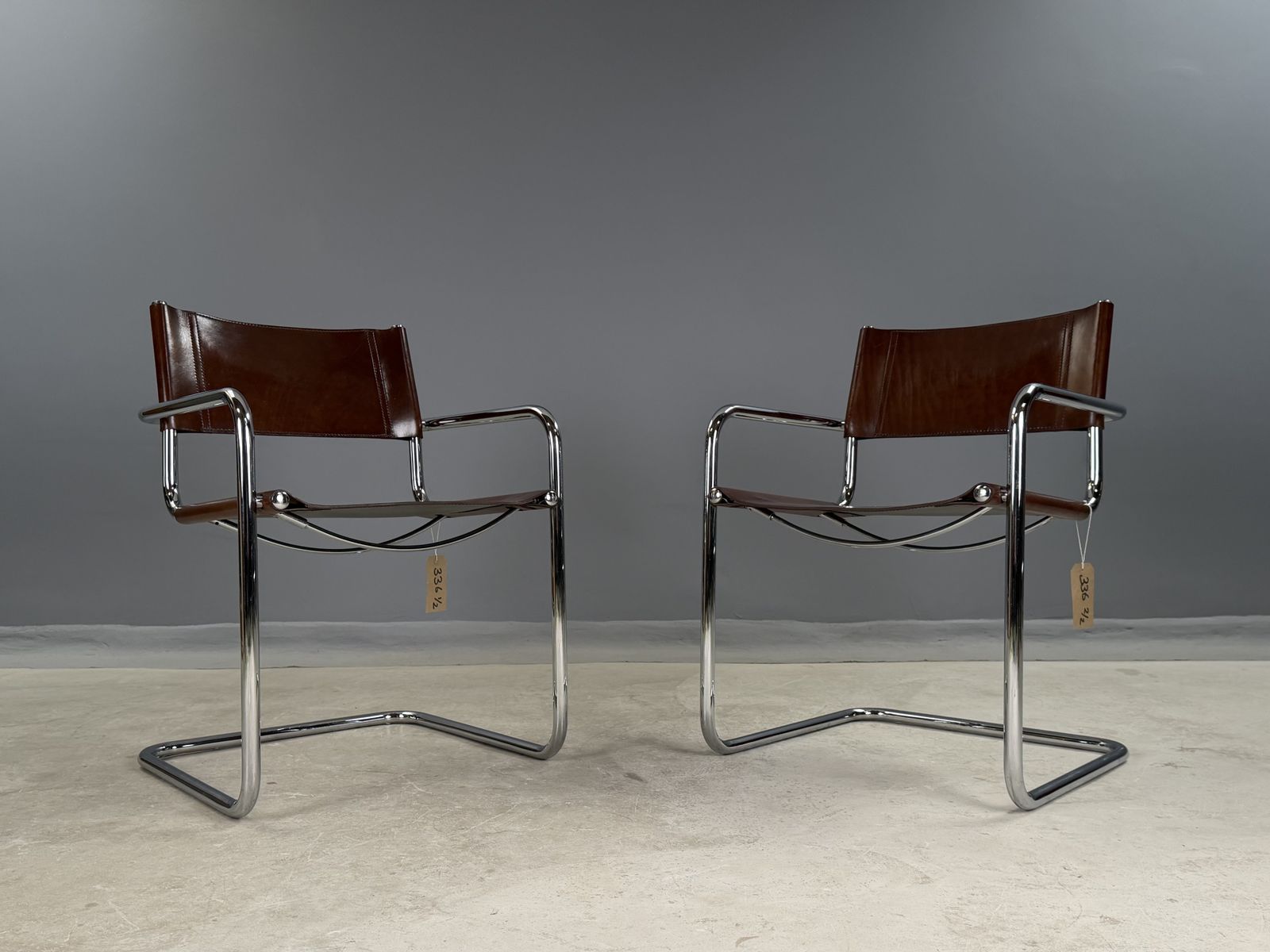 Pair Dining Or Desk Chair Mart Stam Marcel Breuer S34 Set Of 2 Two Chrome Tan Cognac Brown Leather Cantilever Bauhaus photo buy