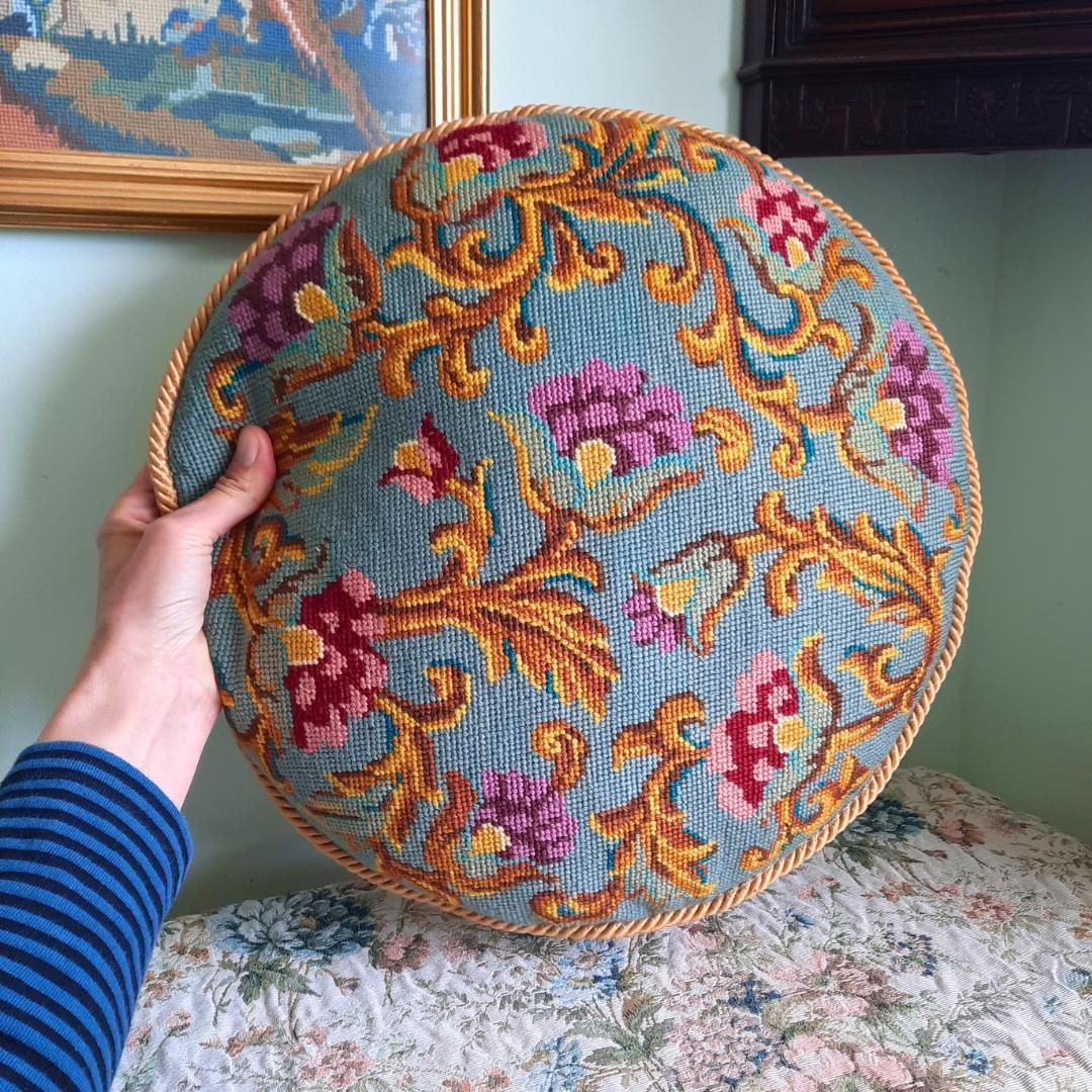 Vintage Needlepoint Jacobean Style Floral Round Pillow Cushion Velvet Back 17'' D