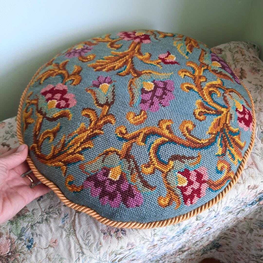 Vintage Needlepoint Jacobean Style Floral Round Pillow Cushion Velvet Back 17'' D photo for sale