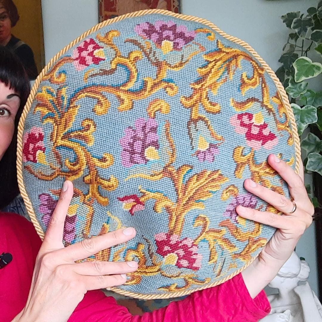 Vintage Needlepoint Jacobean Style Floral Round Pillow Cushion Velvet Back 17'' D photo Art