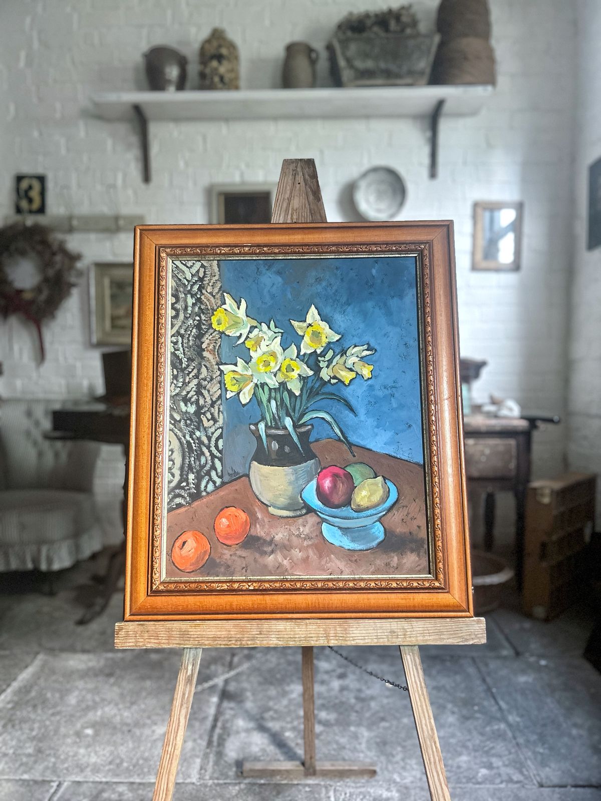 Vintage Still Life With Daffodils In Jug Oil Painting On Board photo vintage