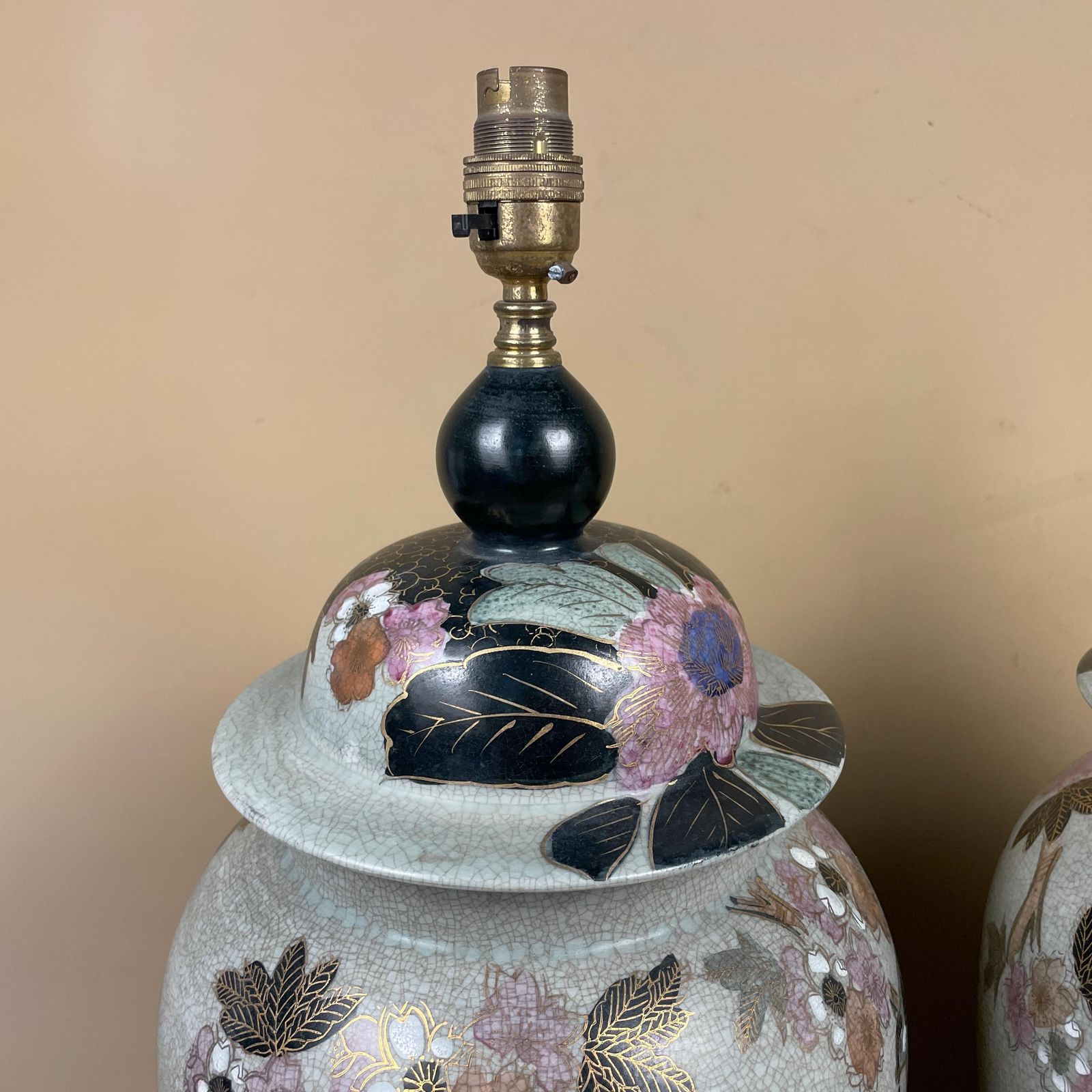 Pair Of Large Oriental Antique Ceramic Lamp Light Bedside Table Hand Painted Floral Design Wood Base Chinese Vase Vintage Brass Ginger Jar photo furniture