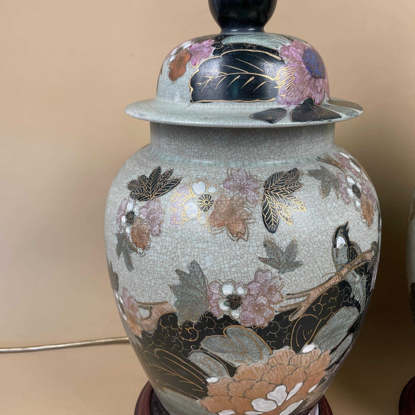 Pair Of Large Oriental Antique Ceramic Lamp Light Bedside Table Hand Painted Floral Design Wood Base Chinese Vase Vintage Brass Ginger Jar photo buy