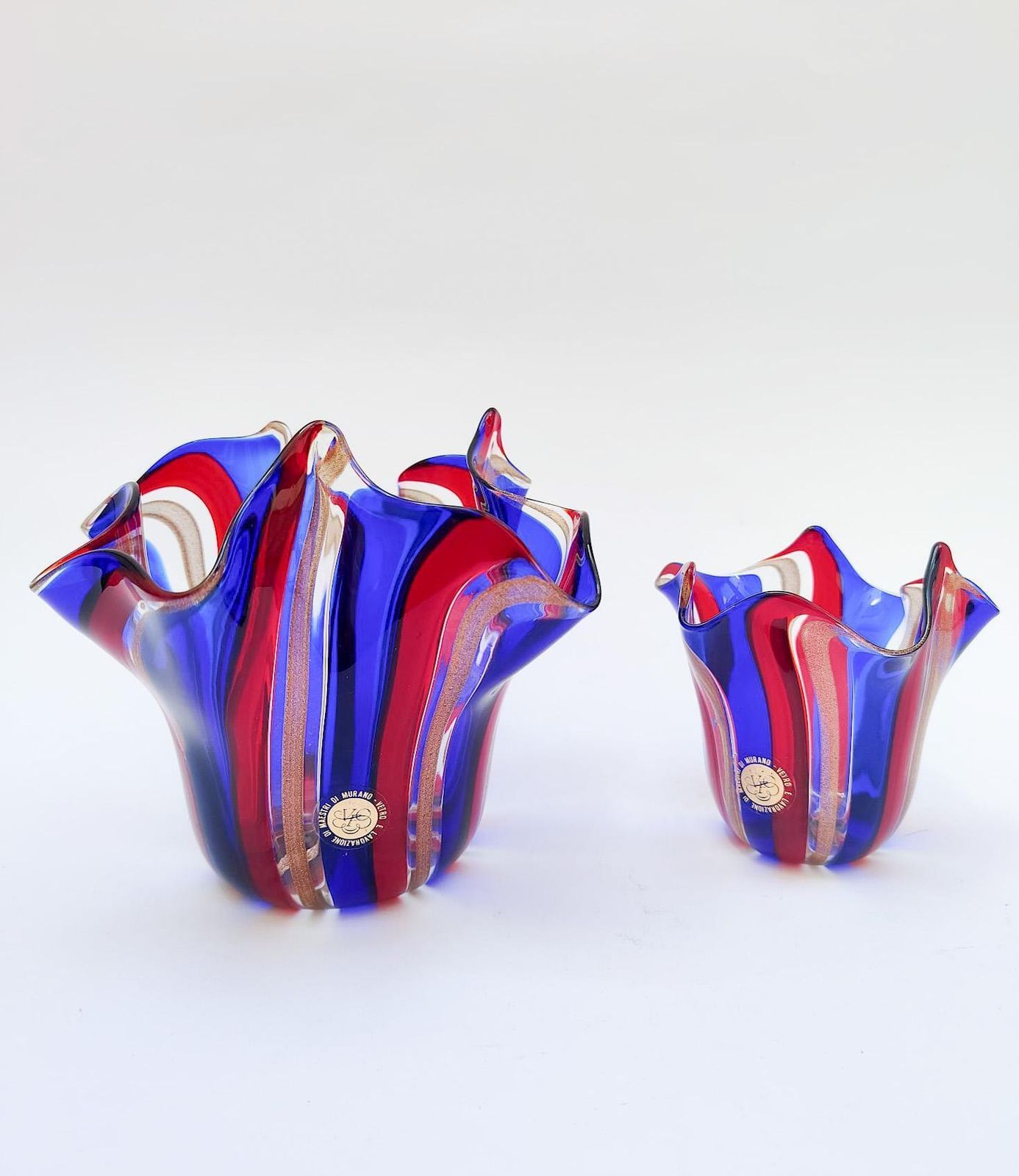 Set Of 3 Murano Glass Vases With A Handkerchief Shape, Red And Blue Canes, Gold Leaf, Vintage Design photo for sale