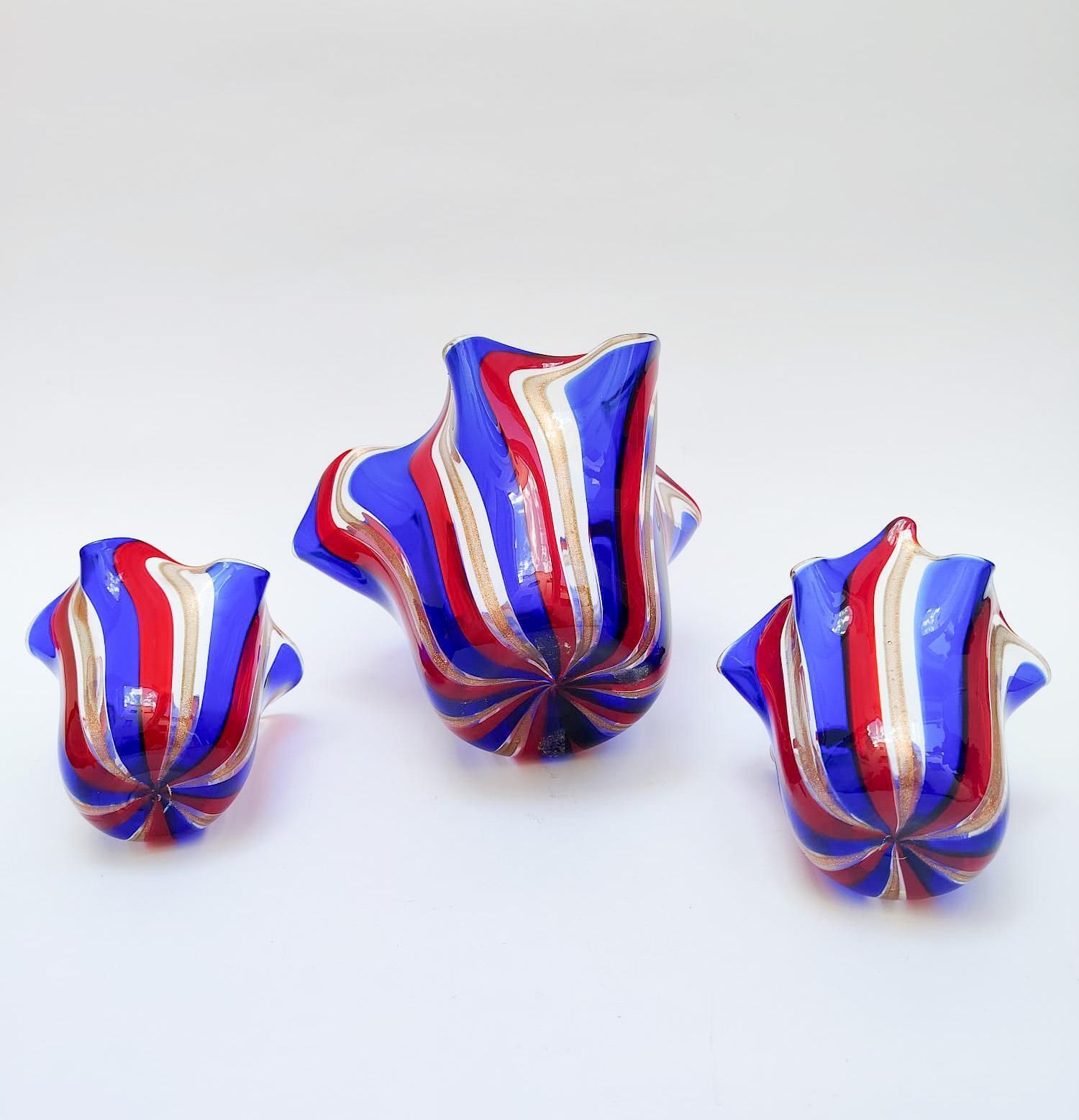 Set Of 3 Murano Glass Vases With A Handkerchief Shape, Red And Blue Canes, Gold Leaf, Vintage Design photo 401.0
