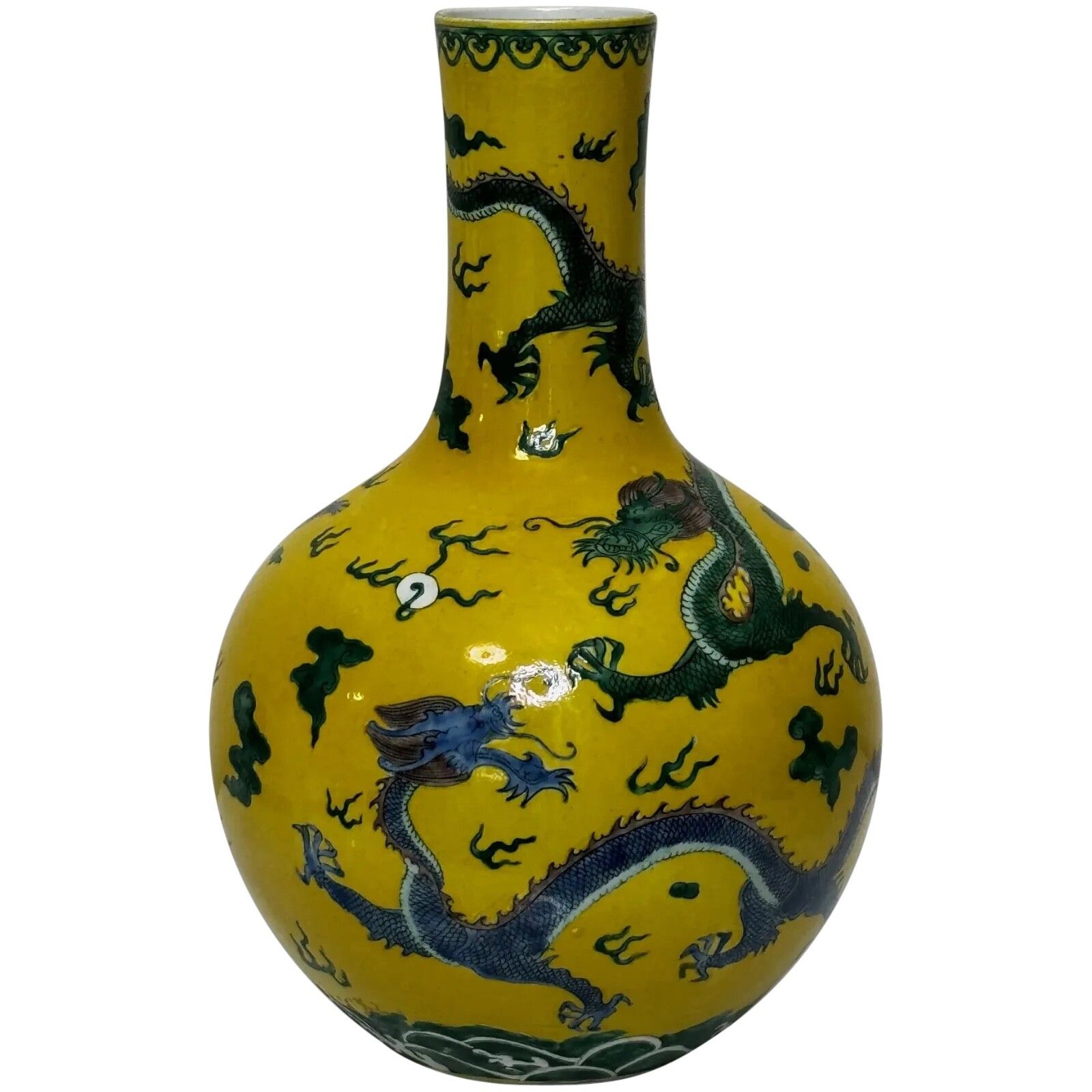 Chinese Qing Porcelain Dragons Yellow Ground Tianqiuping Vase Yongzheng Seal