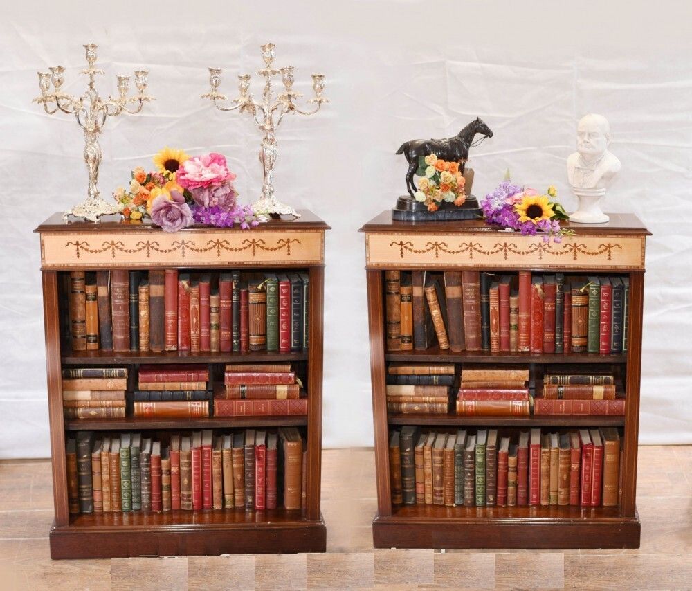 Pair Regency Bookcases   Mahogany Open Front Sheraton Inlay Bespoke