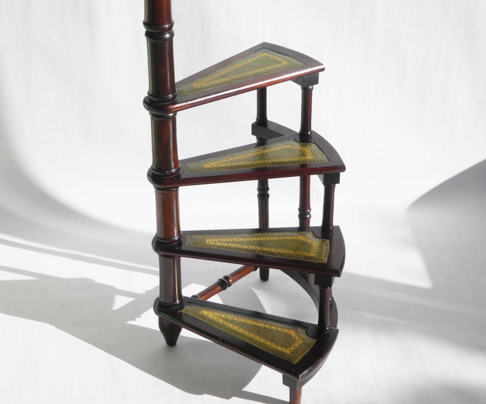 Victorian Wooden Library Stairs Green Leather, Large 50's Spiral Bookcase Ladder, Mahogany Steps photo Furniture