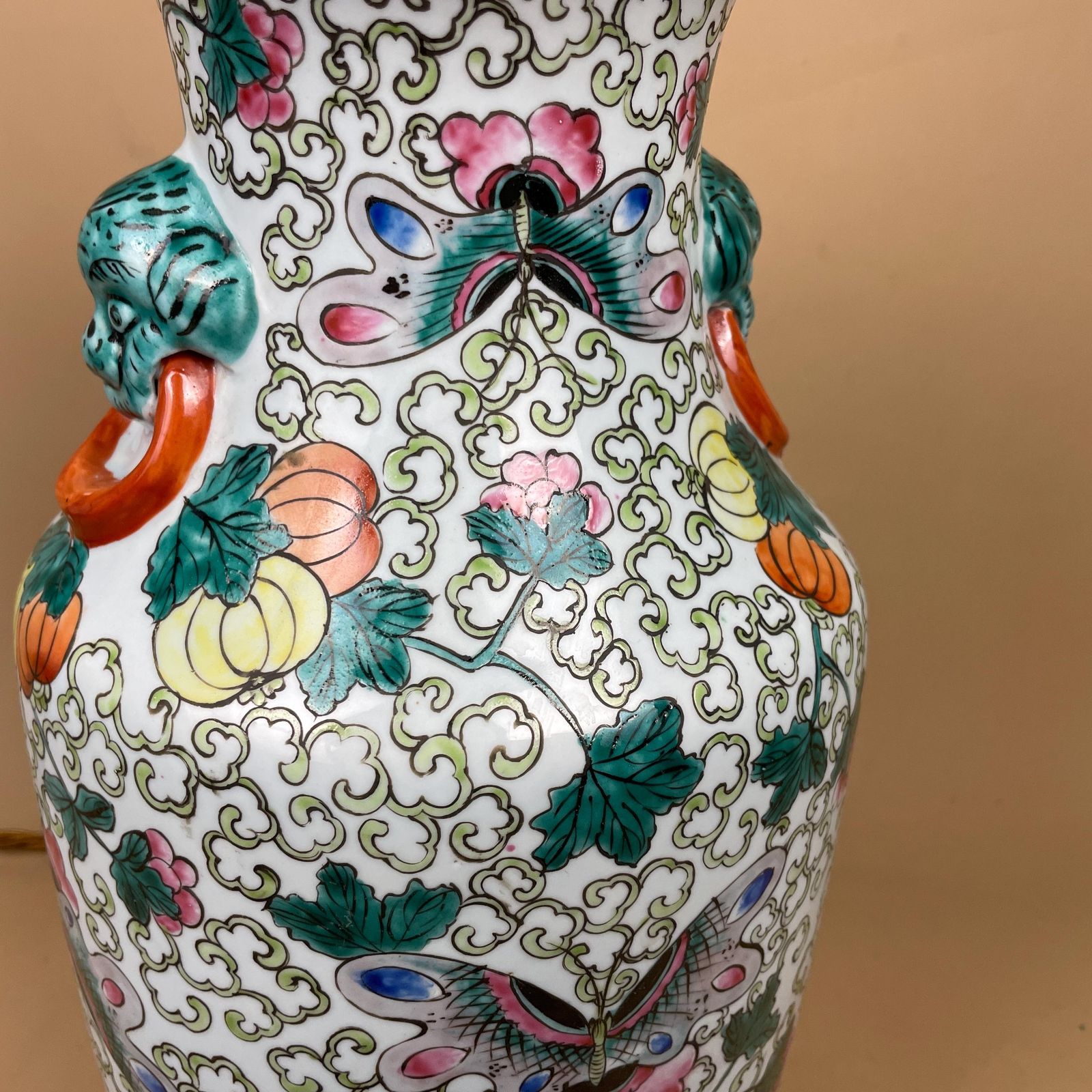 Large Oriental Antique Ceramic Lamp Light Bedside Table Hand Painted Floral Design Fruit Gold Painted Wood Base Chinese Vase Vintage photo buy