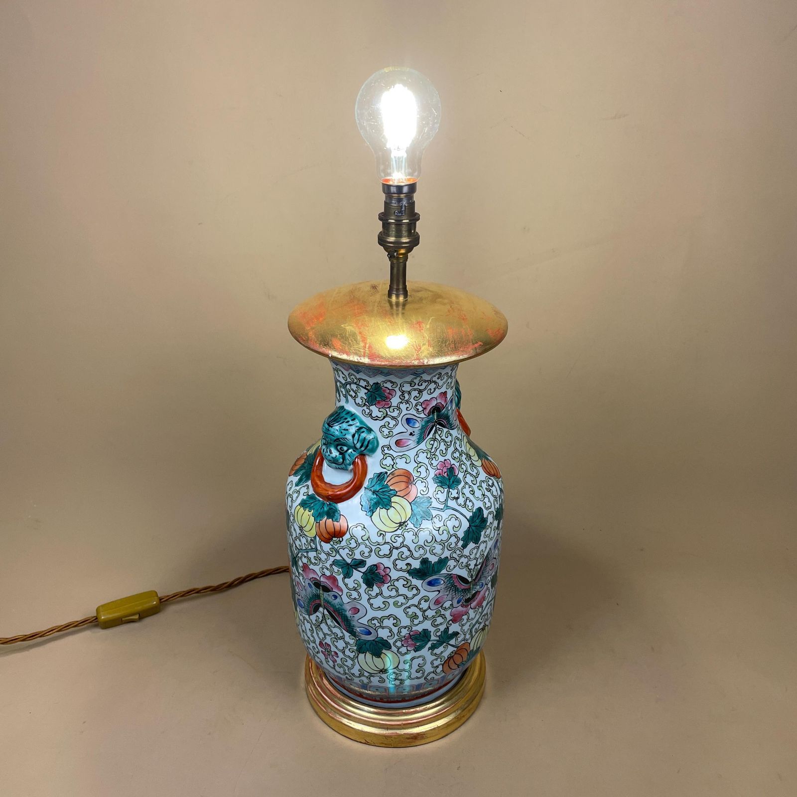 149.0 Large Oriental Antique Ceramic Lamp Light Bedside Table Hand Painted Floral Design Fruit Gold Painted Wood Base Chinese Vase Vintage photo