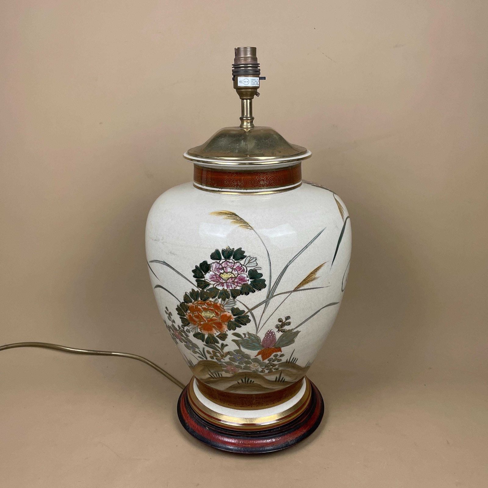 Large Oriental Antique Ceramic Lamp Light Bedside Table Hand Painted Floral Design Birds Gold Metal Painted Wood Base Chinese Vase Vintage photo furniture
