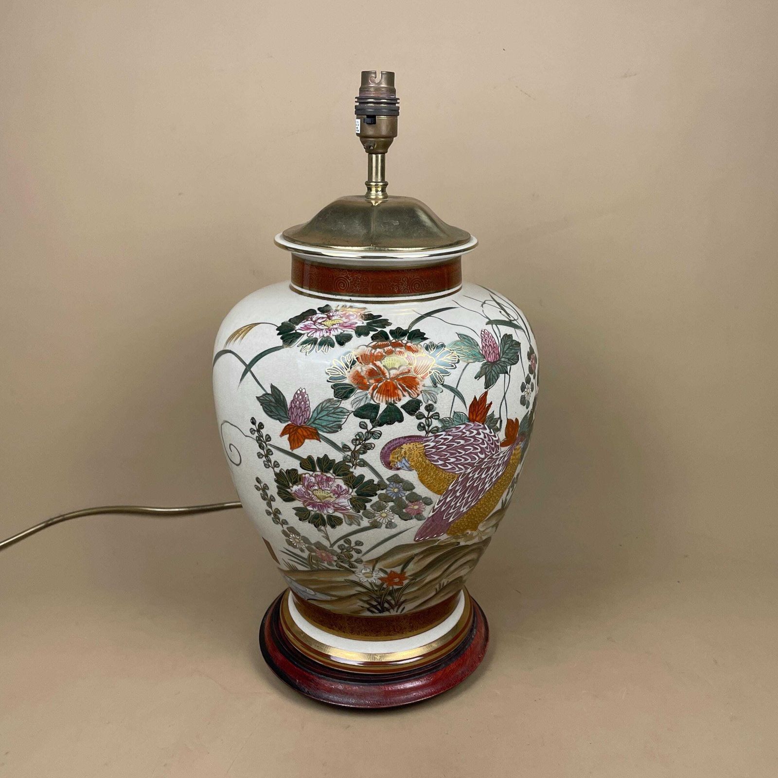 Large Oriental Antique Ceramic Lamp Light Bedside Table Hand Painted Floral Design Birds Gold Metal Painted Wood Base Chinese Vase Vintage photo Lighting