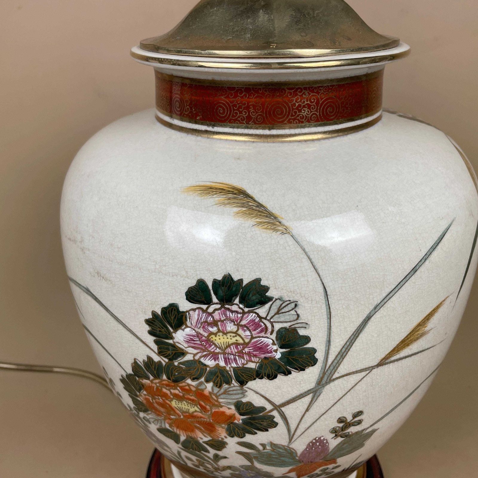 Large Oriental Antique Ceramic Lamp Light Bedside Table Hand Painted Floral Design Birds Gold Metal Painted Wood Base Chinese Vase Vintage photo vintage