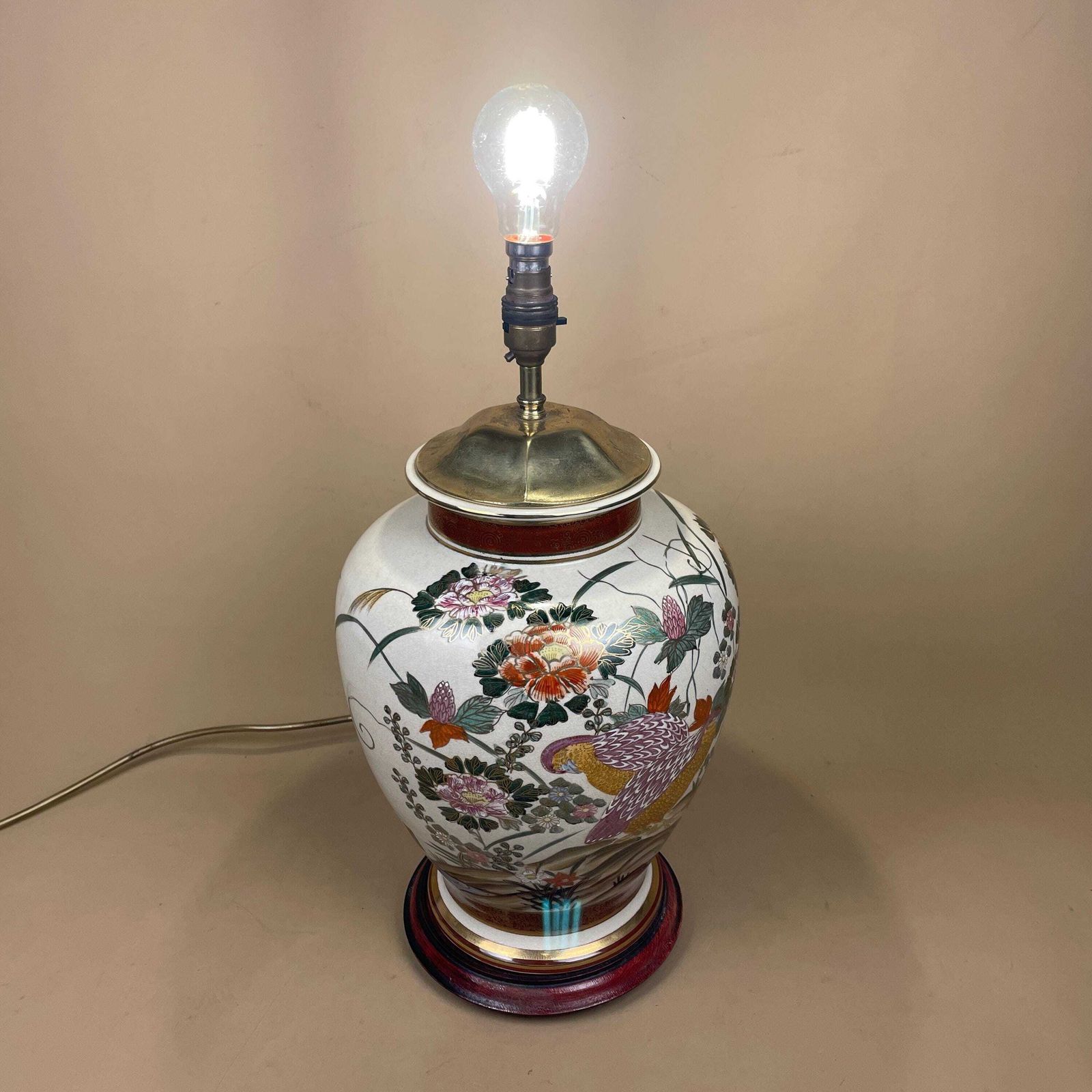 photo for sale Large Oriental Antique Ceramic Lamp Light Bedside Table Hand Painted Floral Design Birds Gold Metal Painted Wood Base Chinese Vase Vintage