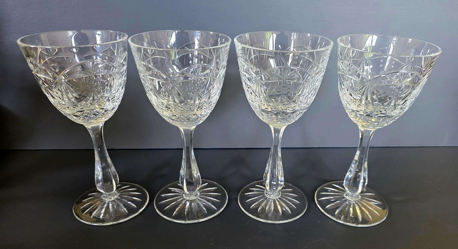 Stunning Set Of 4 Vintage Webb Cut Crystal Wine Glasses In Jewel Pattern, 1970s photo furniture