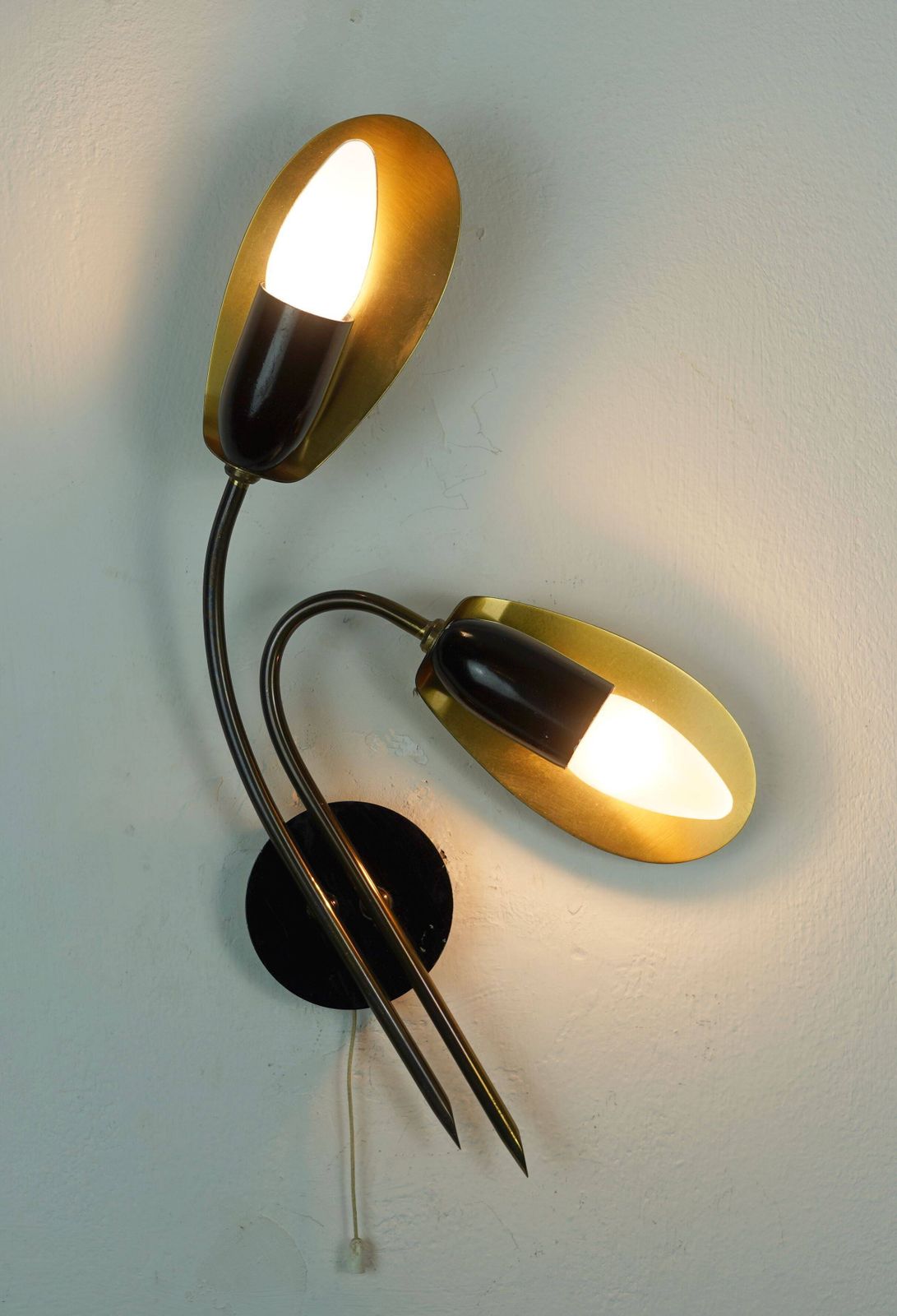 Pair Of 1950s Mid Century Sconces Wall Lamps Brass Black Metal photo vinterior