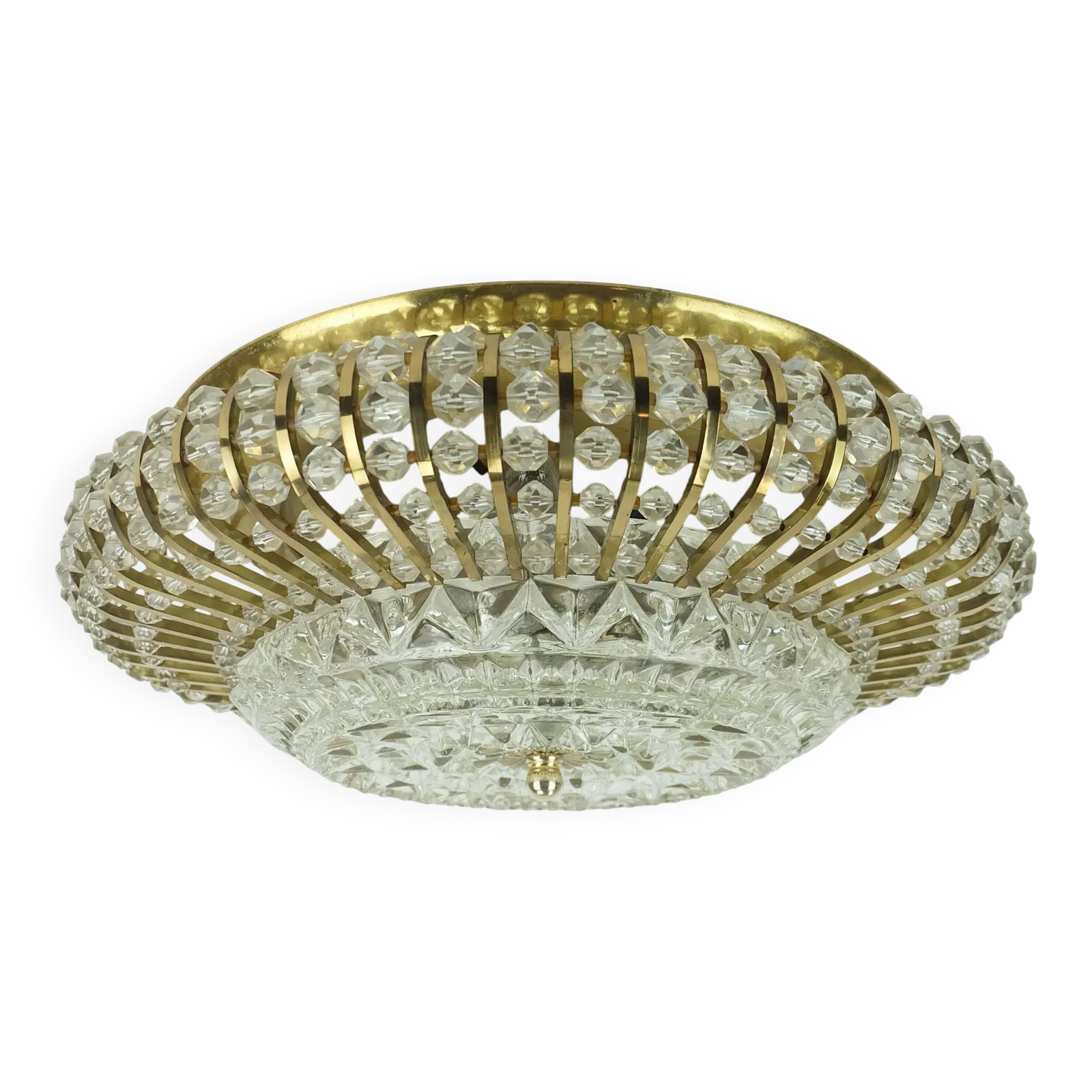 Glamoureuze plafondlamp uit de jaren 1960, messing en glas