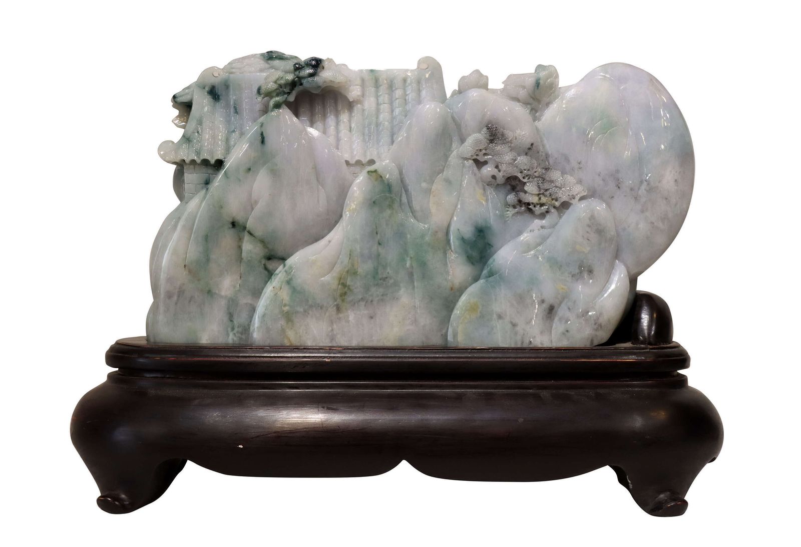 Exceptional Large Chinese Carved Jade Mountain Landscape Sculpture On Hardwood Stand photo for sale