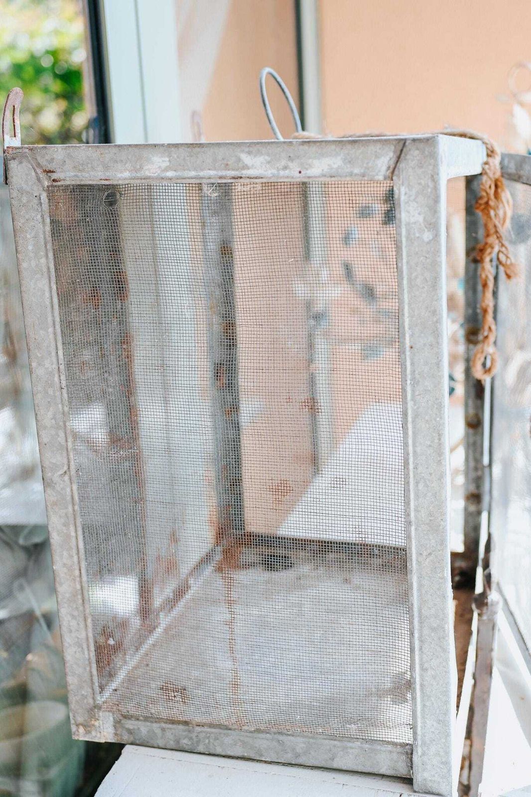 Antique French Garde Manger | Galvanized Mesh Food Safe | Rustic Kitchen | Hanging Cabinet photo for sale