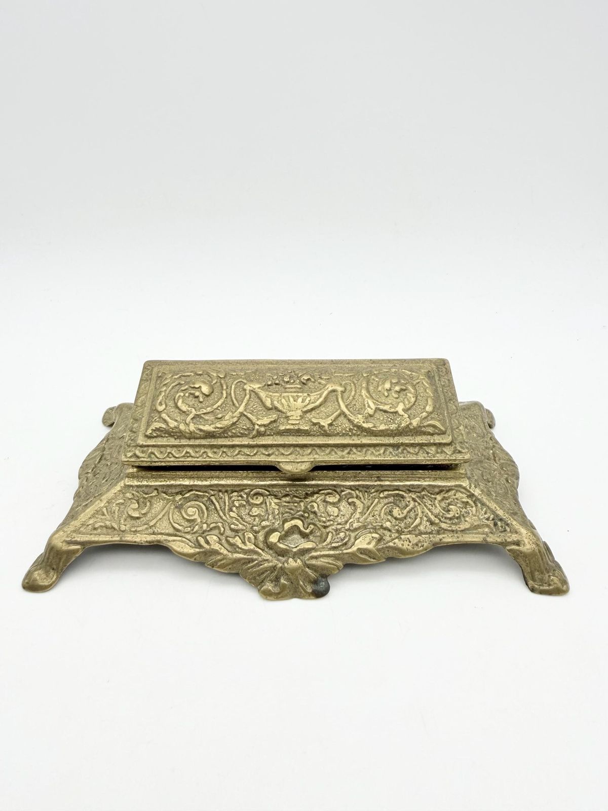 Antique Art Nuveau Brass Stamp Box, Small Ornate Brass Box photo for sale