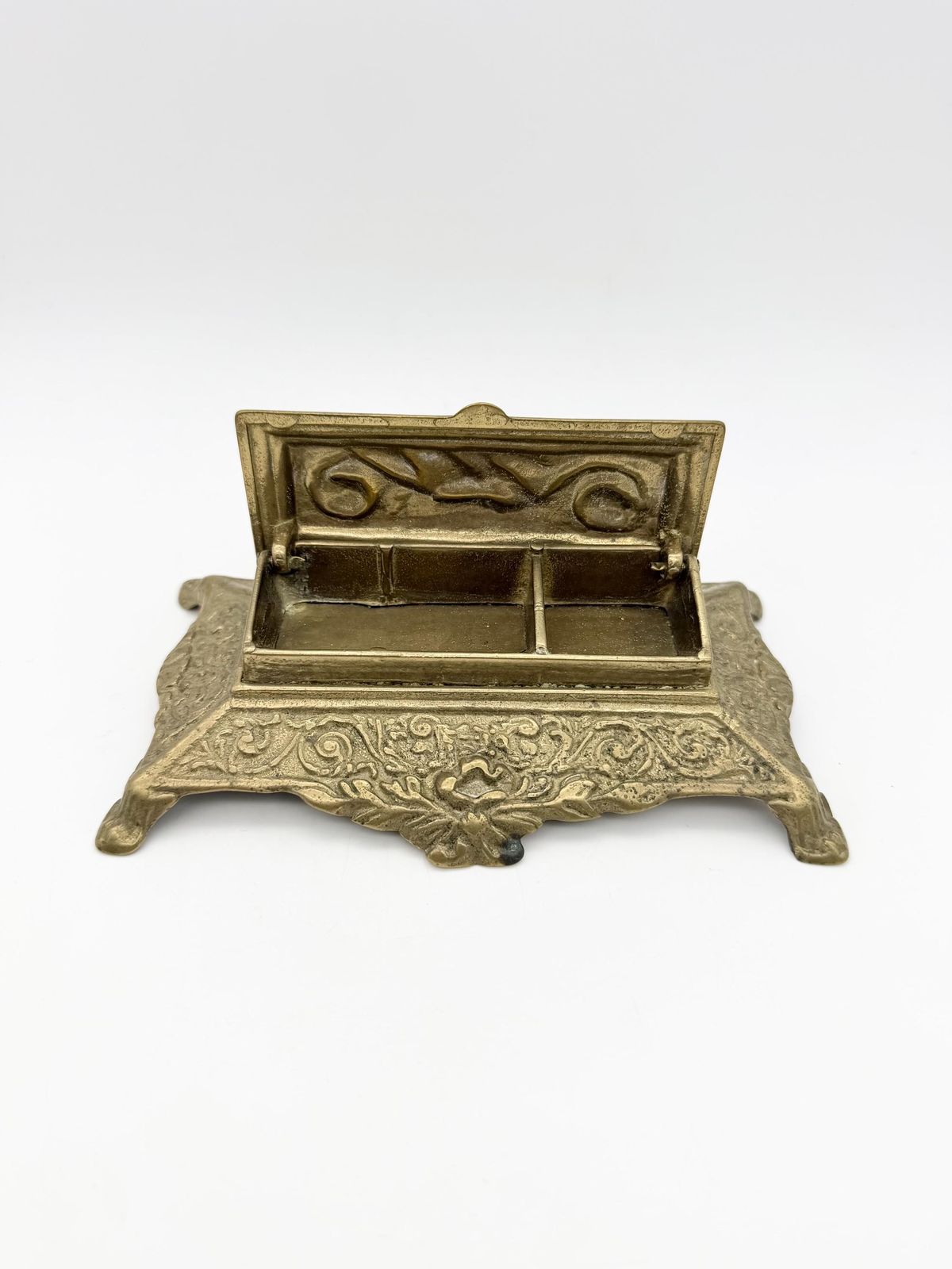 Antique Art Nuveau Brass Stamp Box, Small Ornate Brass Box photo Home Decor