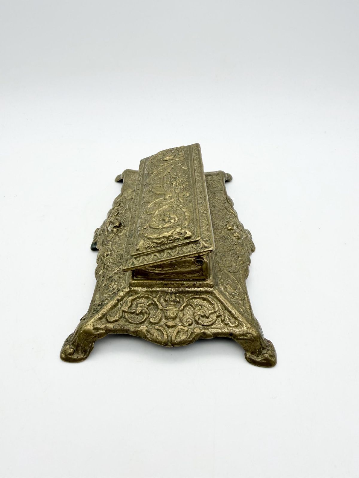Antique Art Nuveau Brass Stamp Box, Small Ornate Brass Box photo 65.0