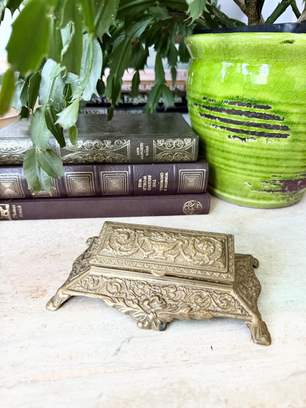 photo for sale Antique Art Nuveau Brass Stamp Box, Small Ornate Brass Box