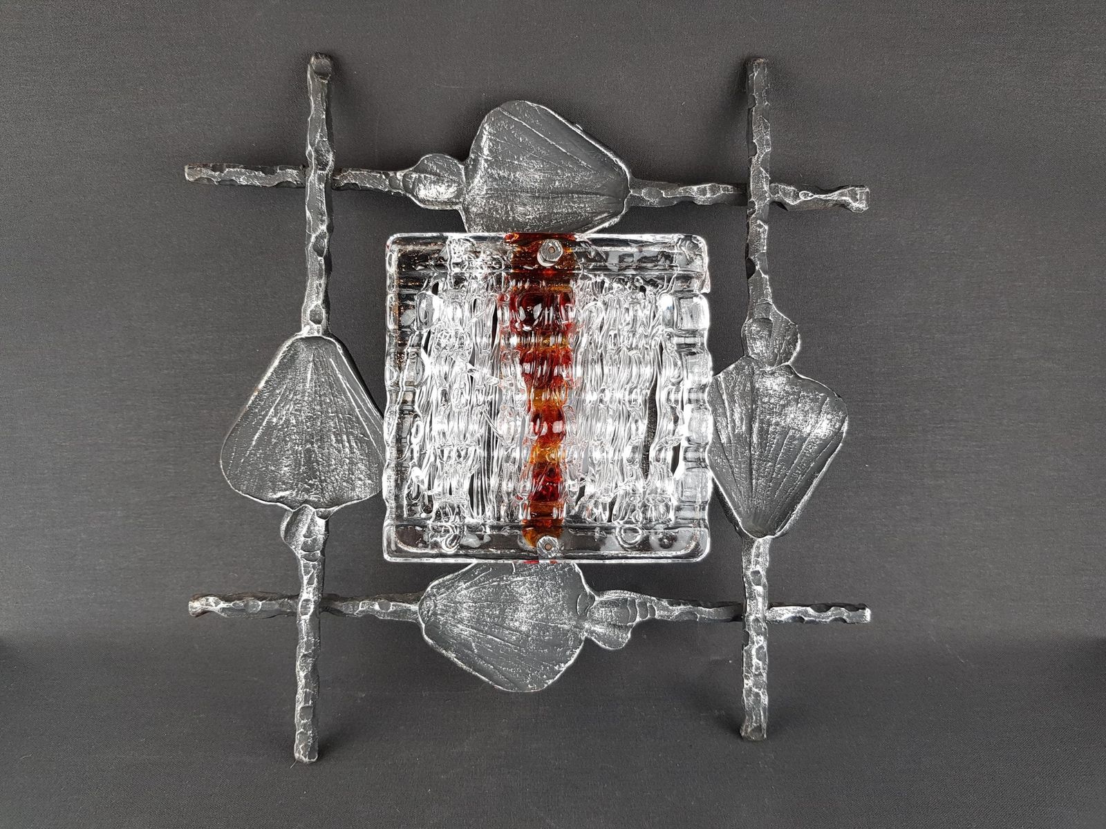 Vintage Tom Ahlström & Hans Ehrlich Brutalist Wall Lamp Wrought Iron And Artistic Glass Sweden 1960s