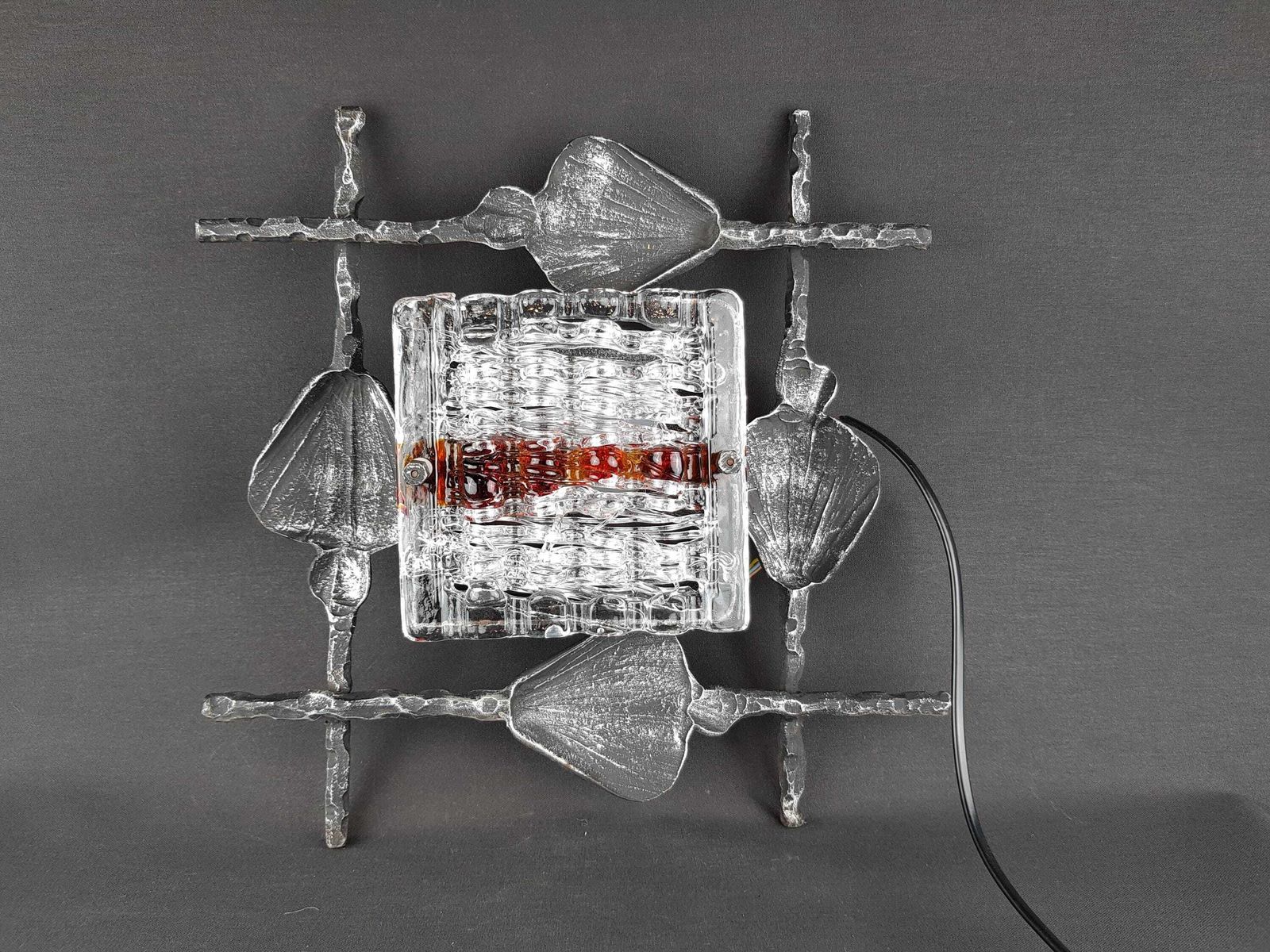 Vintage Tom Ahlström & Hans Ehrlich Brutalist Wall Lamp Wrought Iron And Artistic Glass Sweden 1960s photo furniture