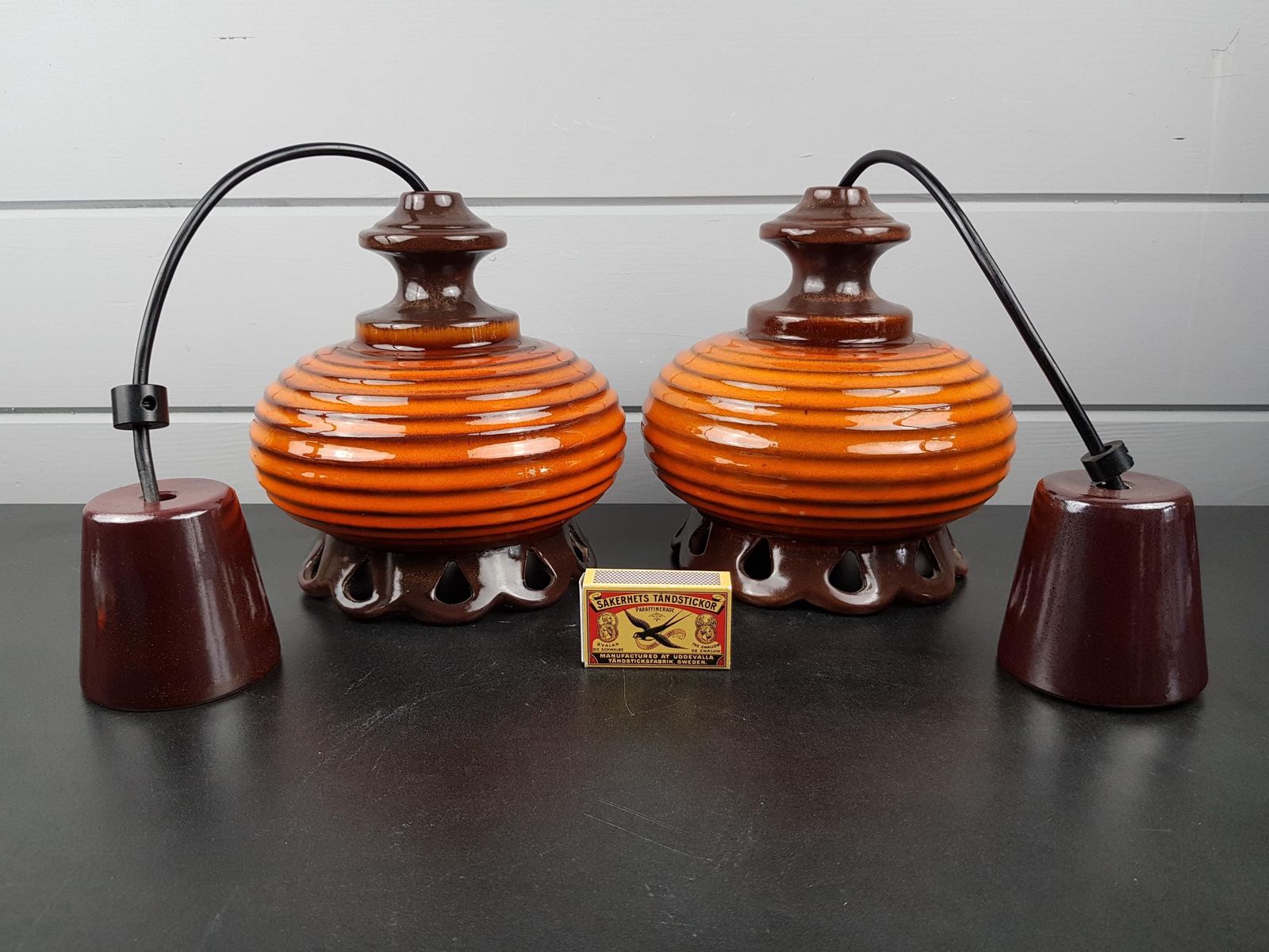Vintage Set Of 2 Brown And Orange Ceramic Pendant Lamps – West German Pottery Ceiling Lights – 1960s 1970s Mid Century Modern photo furniture