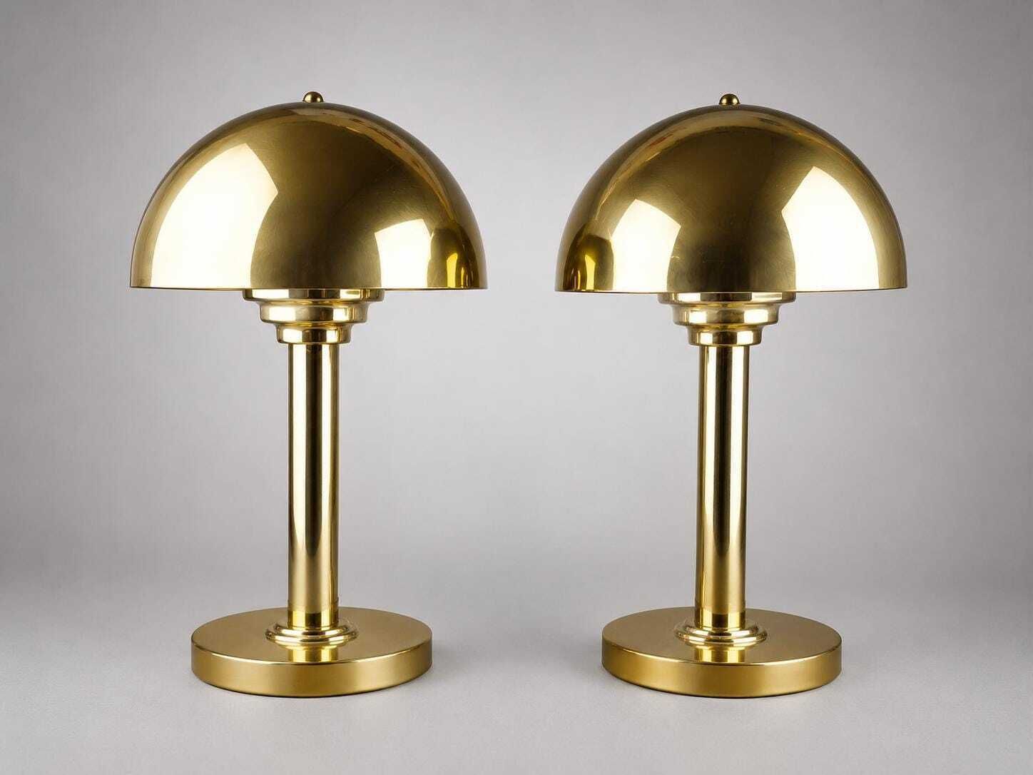 Set Of 2 Wsb Germany Brass Mushroom Table Lamps Mid Century Modern Art Deco Bedside Lights 1970s Vintage