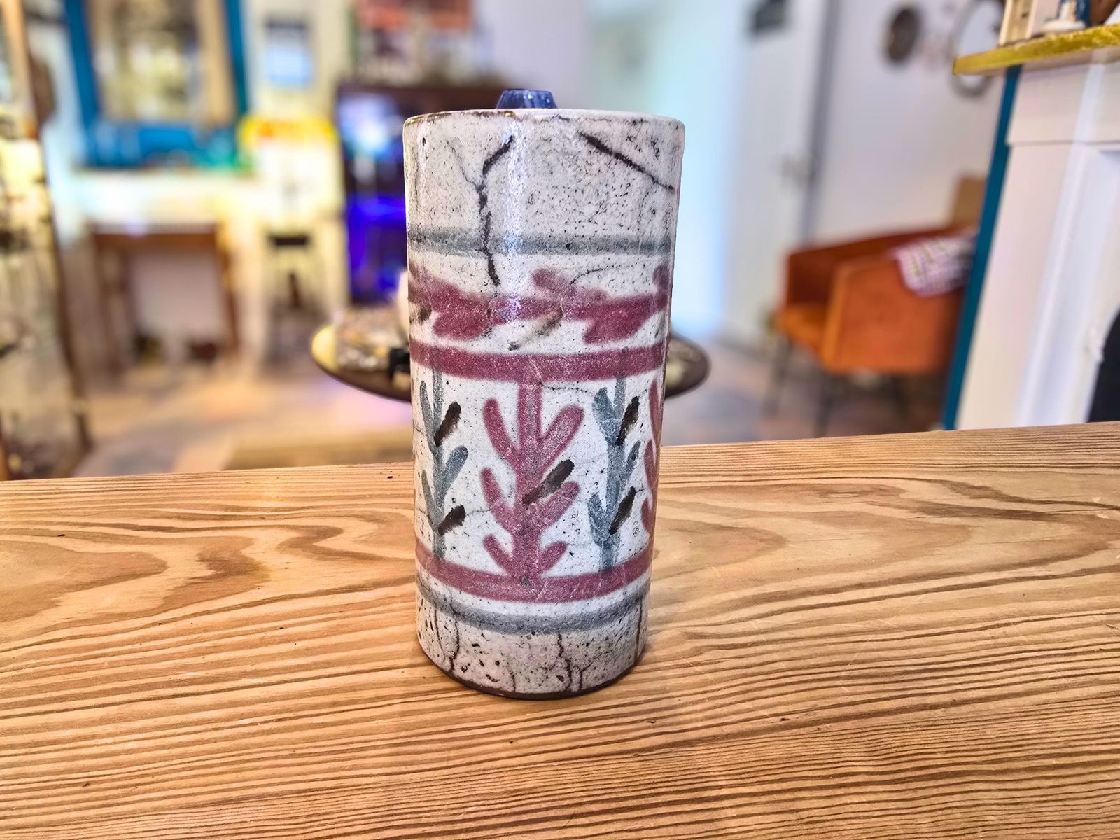 Mid Century French Roller Vase Gustave Reynaud For Le Mûrier Vallauris Studio Pottery   Floral Abstract