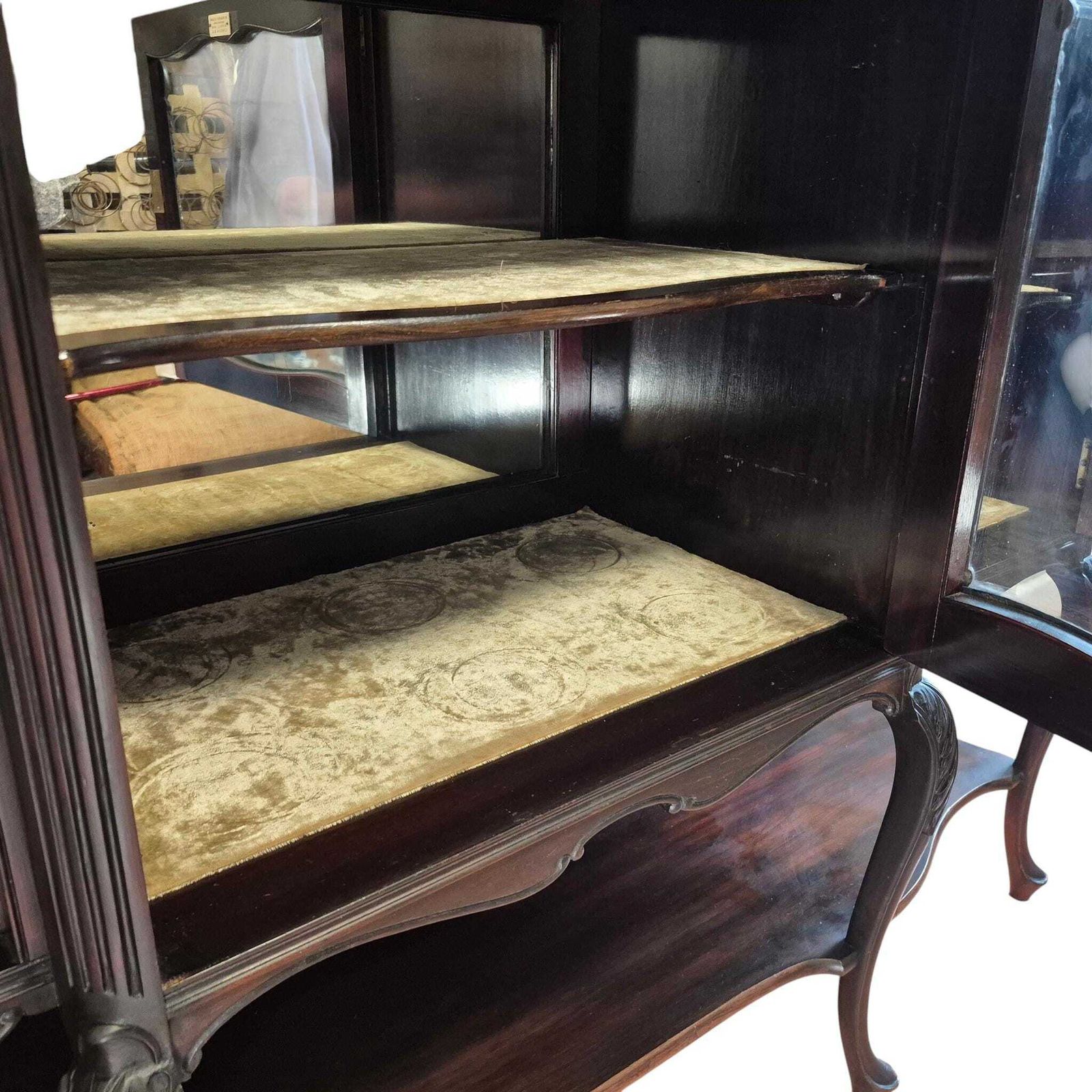 photo for sale Antique Victorian Mahogany Glazed Bookcase Cabinet Mirror Back Display Cabinet By W. Walker & Sons