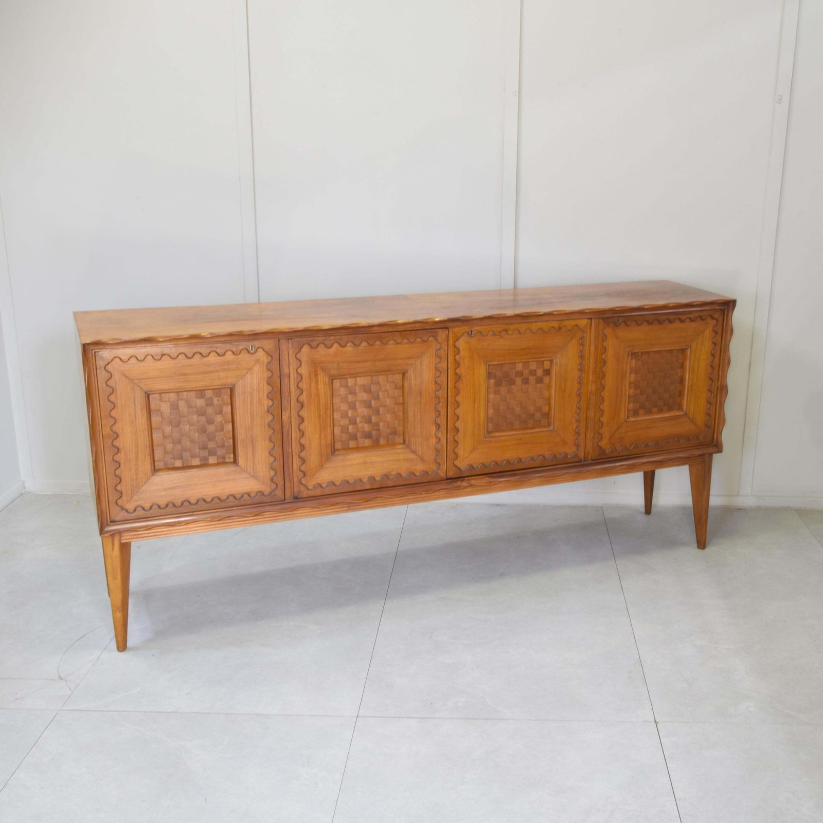 Paolo Buffa Fourdoor Walnut Credenza With Checkerboard Marquetry 1950s photo vintage