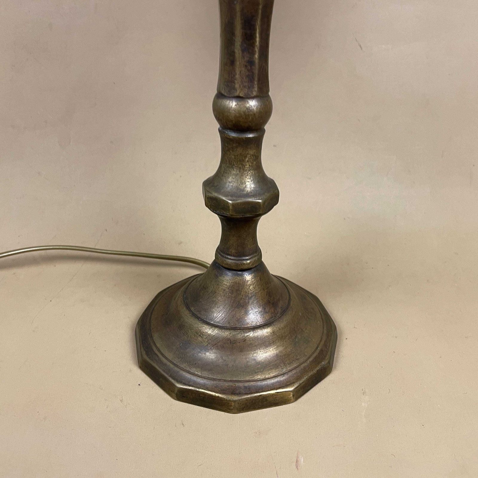 Antique Metal Gold Brass Lamp Light Bedside Side Table Desk Column Pillar Base Ornate Detail Medium Vintage Lampshade Silk Green Shade Lace photo buy