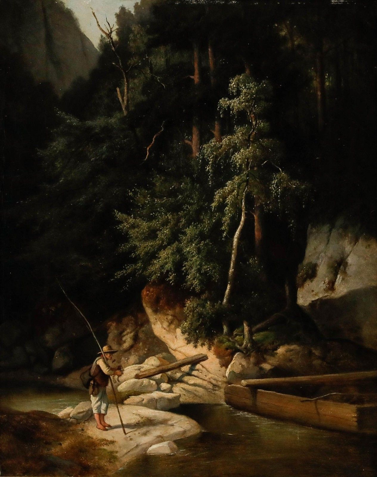 German School 19th Century Oil Angler In The Forest photo furniture