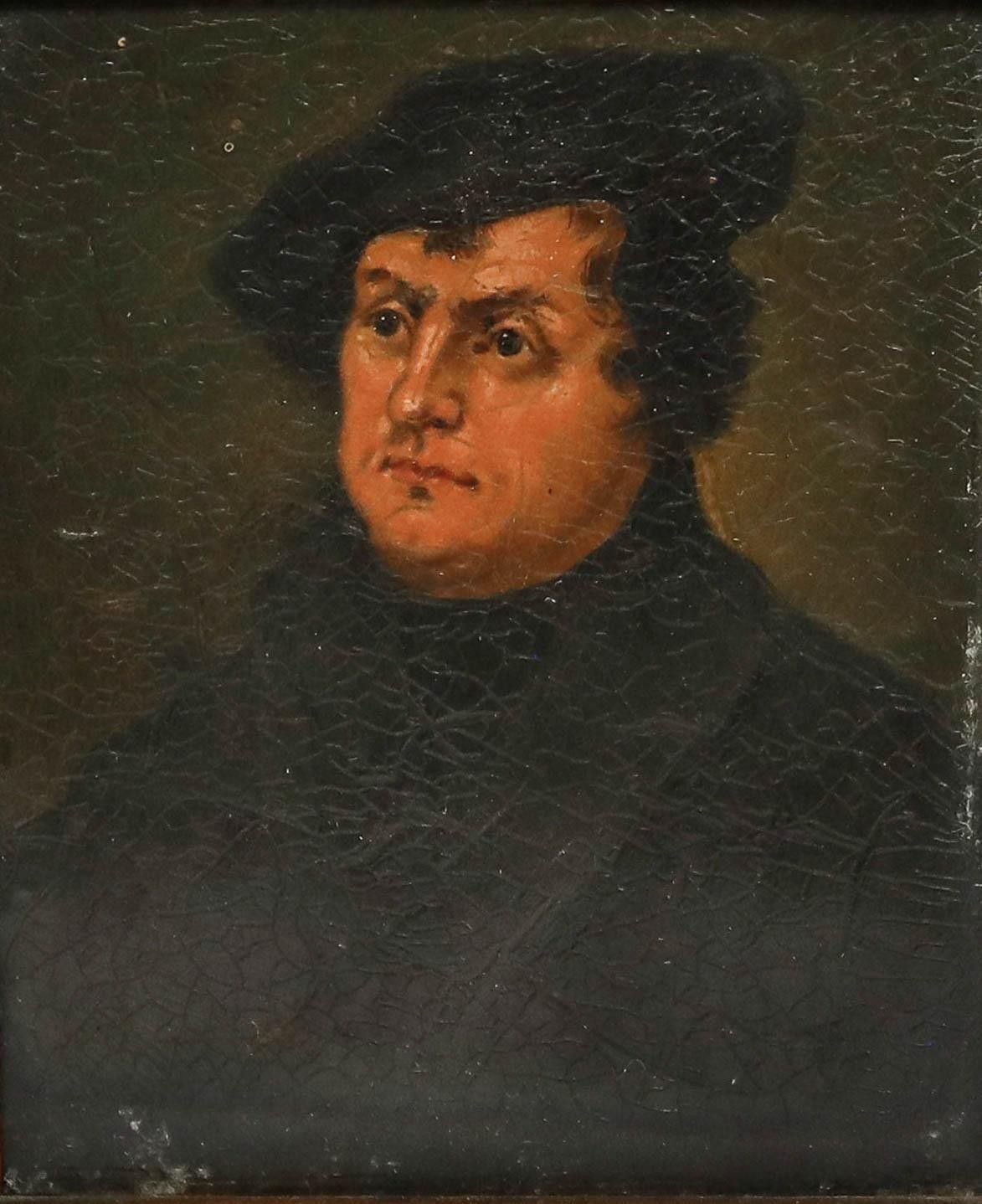 German School Miniature 19th Century Oil, Martin Luther photo furniture