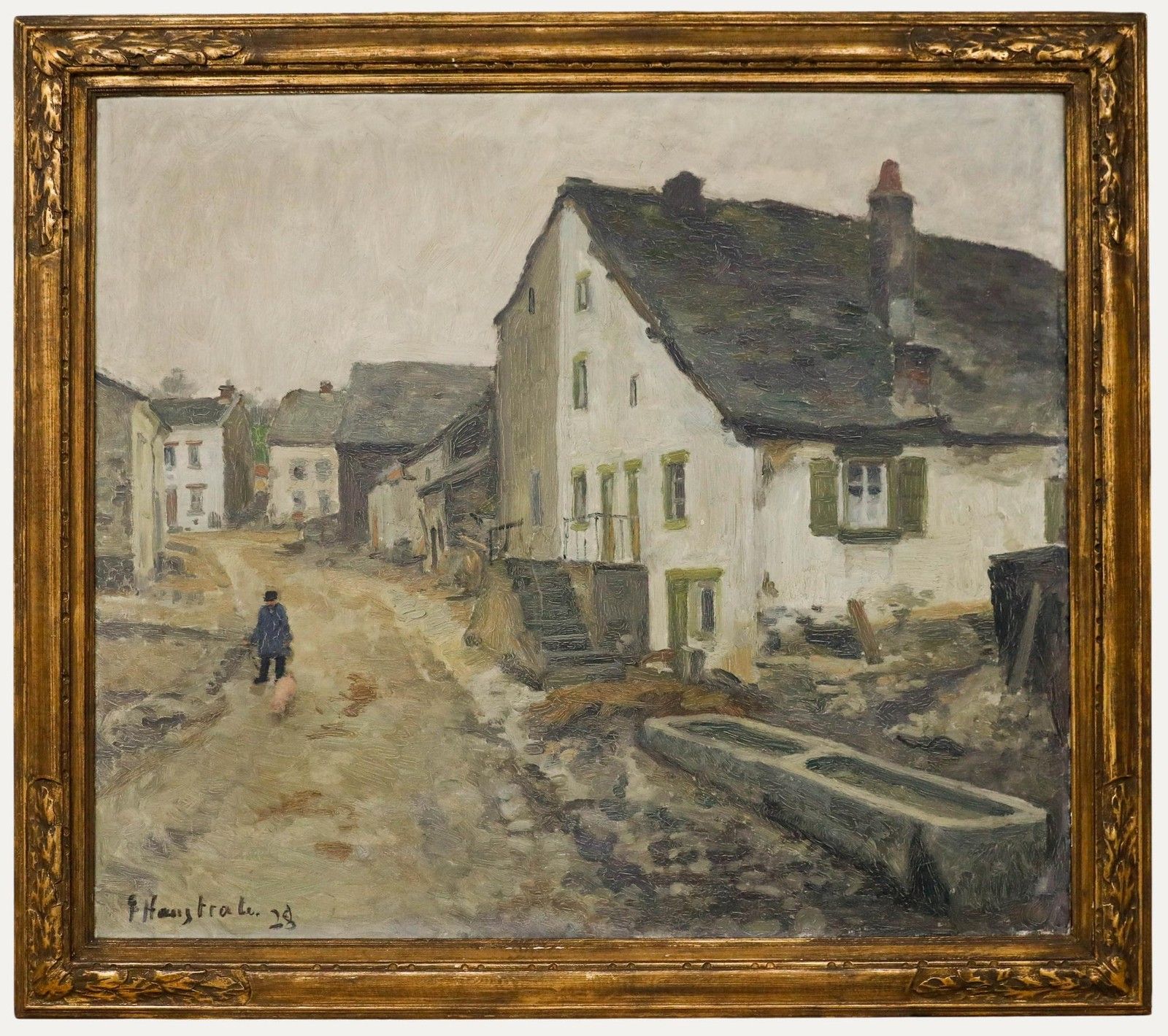 Gaston Haustrate (1878 1949) Framed 1928 Oil, Village At Dusk
