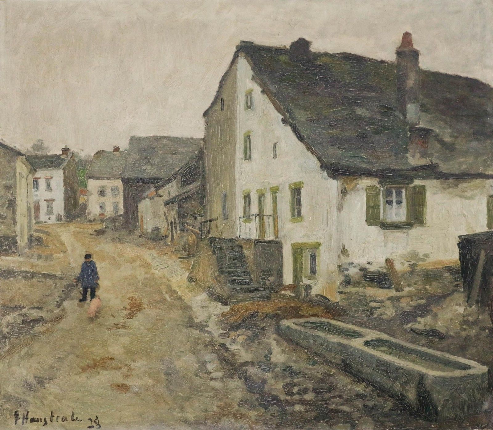 Gaston Haustrate (1878 1949) Framed 1928 Oil, Village At Dusk photo furniture