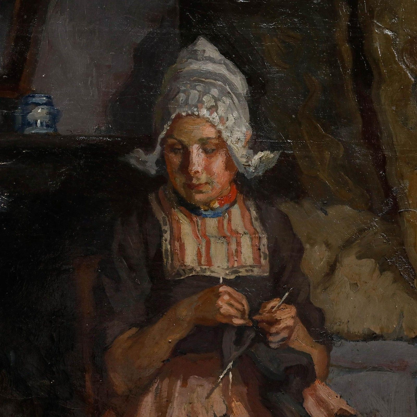 Biasini Early 20th Century Oil, Dutch Woman Knitting photo vintage