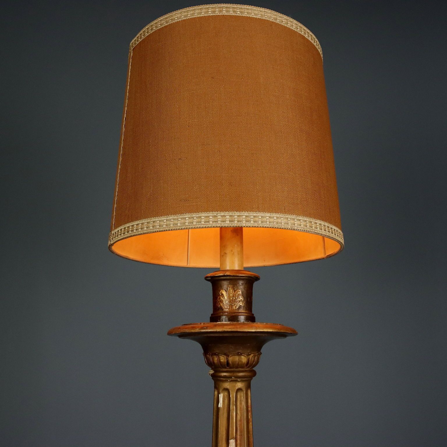 Antique Candlestick Gilded Wood Fabric Italy XIX Century photo for sale