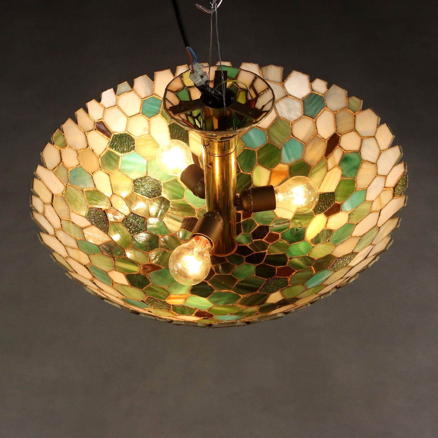 Antique Chandelier Tiffany Style Brass Glass Italy XX Century photo vintage