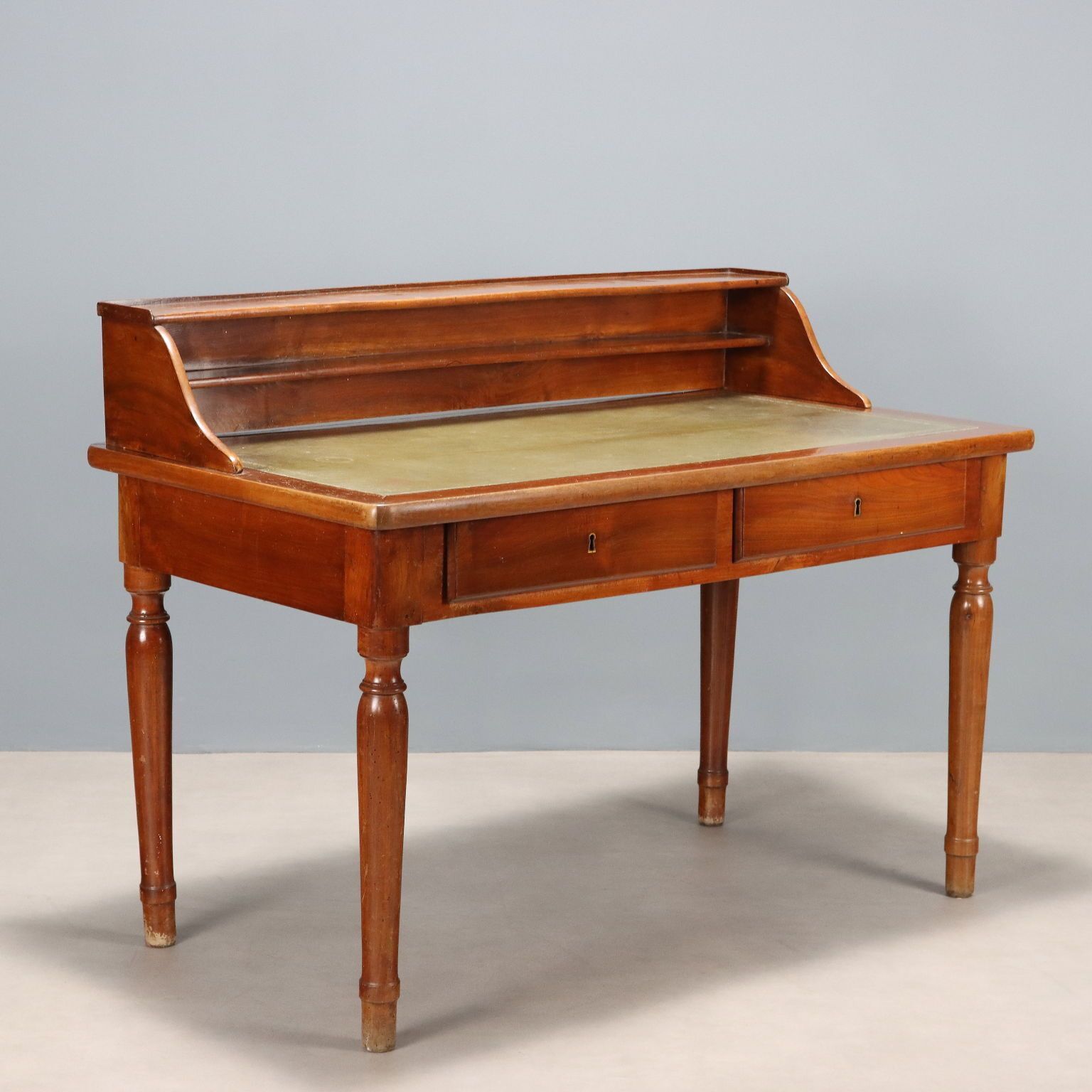 Antique Desk Walnut Green Leather Drawers Italy XIX Century