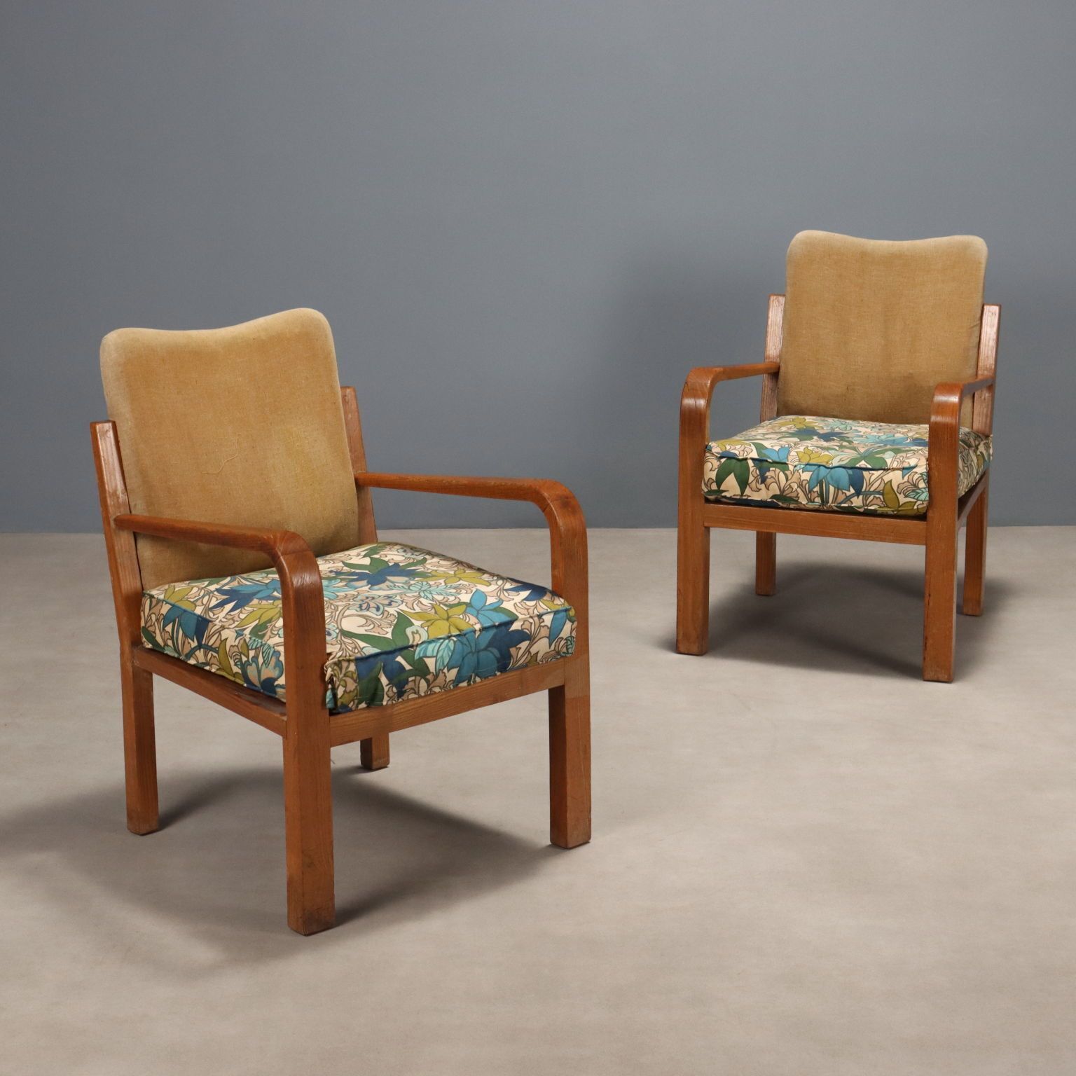 Fauteuils vintage en chêne, tissu et mousse, Italie, années 1940