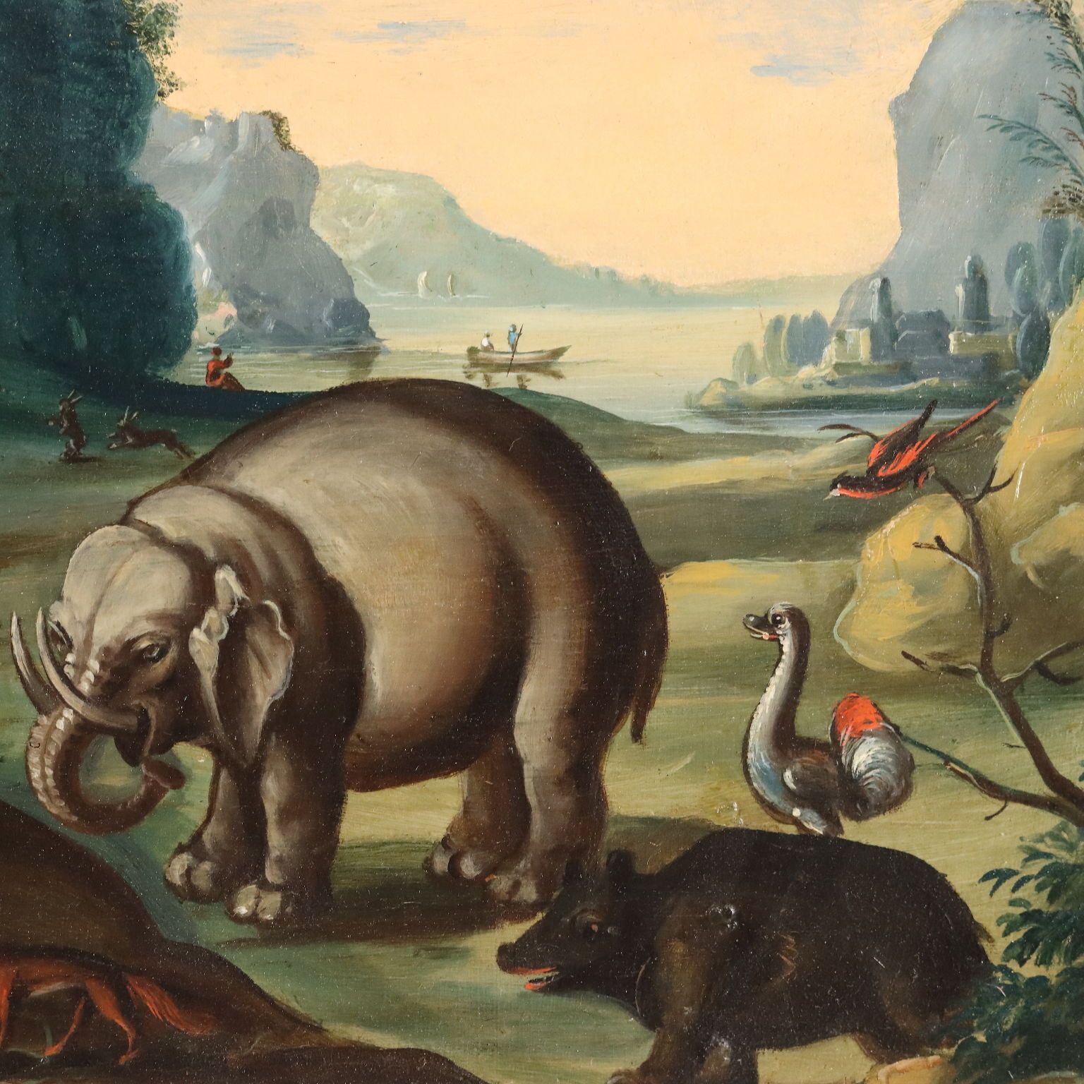 photo furniture Antiek schilderij Orpheus betovert de dieren, olieverf op paneel, '700