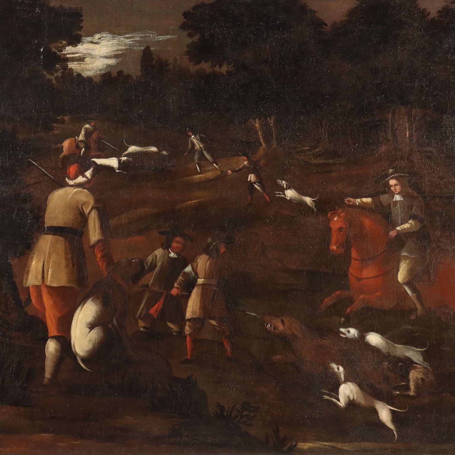 Tableau d'époque, scène de chasse, huile sur toile, Italie, XVIIIe siècle photo for sale
