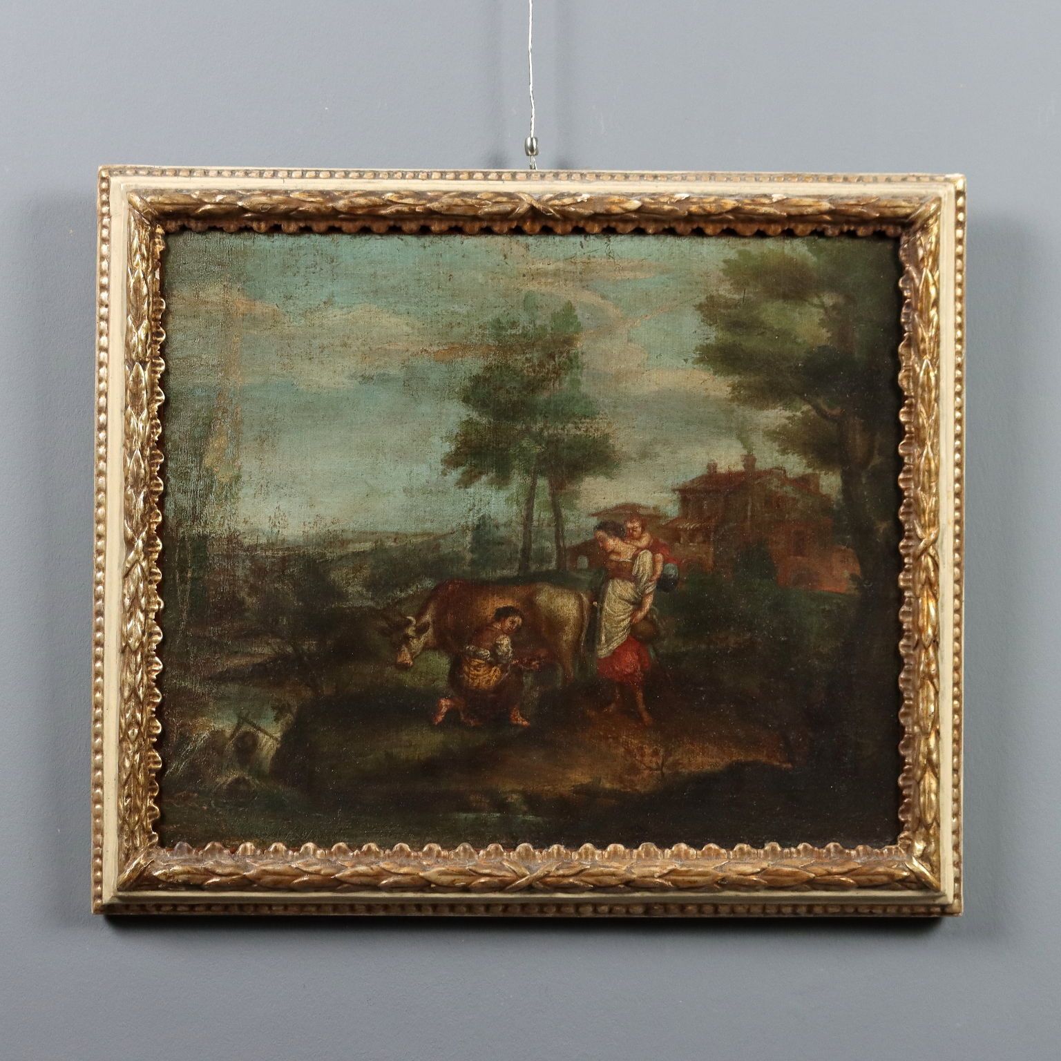 Antique Painting Landscape With Figures Oil On Canvas '700