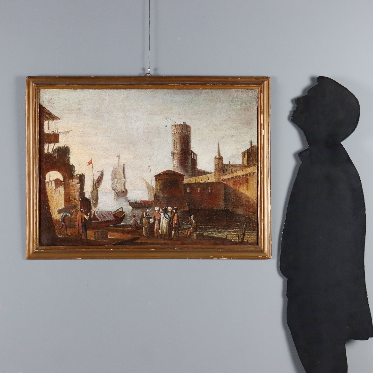 Antique Painting Mediterranean Port Scene Oil On Canvas XVIII Century photo furniture